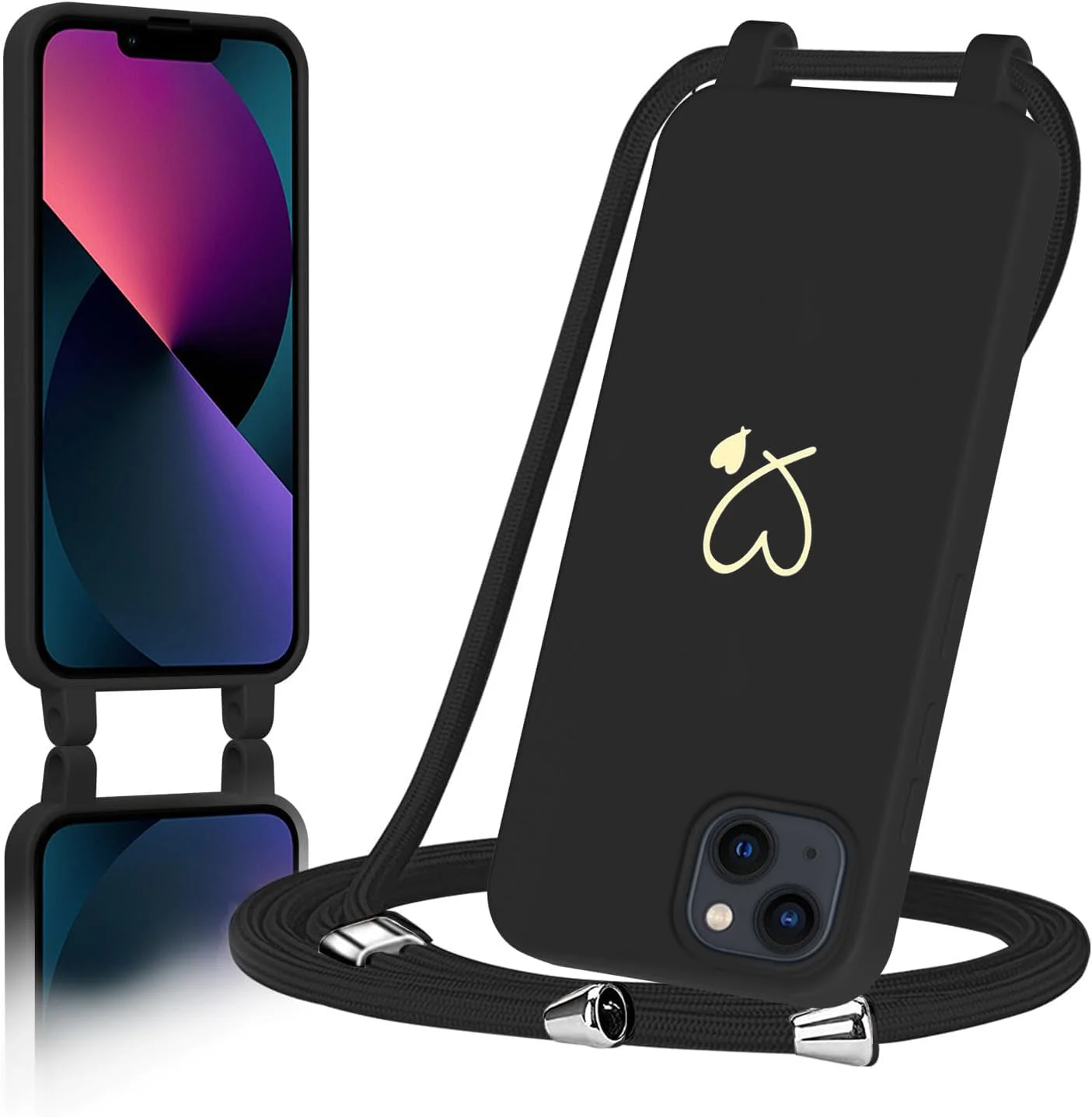 AoozeFon für iPhone 14/13 Hülle mit Band, Handyhülle iPhone 13/14 mit Kordel zum Herz, Schutzhülle Handyband mit Umhängen Abnehmbare Weich TPU Liquid Silikon Bumper，Schwarz