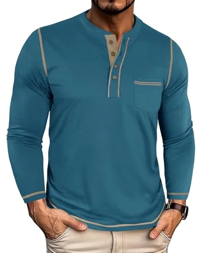 YawYews Langarmshirt Herren Longsleeve Tshirt Henley Shirt Langarm Baumwolle Männer Longshirt mit Tasche M-3XL