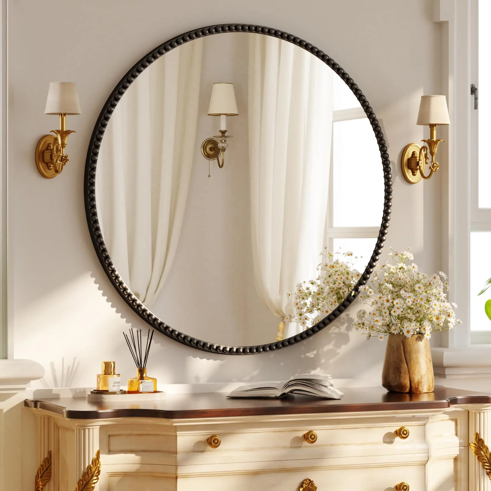 Koonmi 80 cm Runder Badezimmerspiegel – Luxuriöser und Retro Perlenkreis Dekorativer Wandspiegel mit PU-Rahmen, zum Hängen oder Anlehnen für Eingangsbereich, Schlafzimmer, Wohnzimmer, Flur, Schwarz