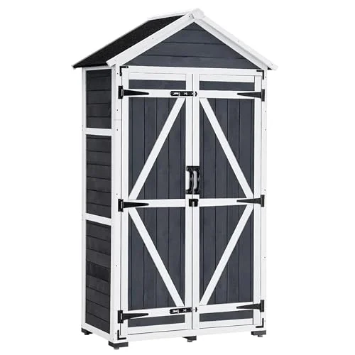 M MCombo Gartenschrank Geräteschuppen Werkzeugschrank Outdoor-Schrank Gartenbox mit Satteldach aus Holz wasserfest, Grau/Natur, 48 X 90 X 178 cm