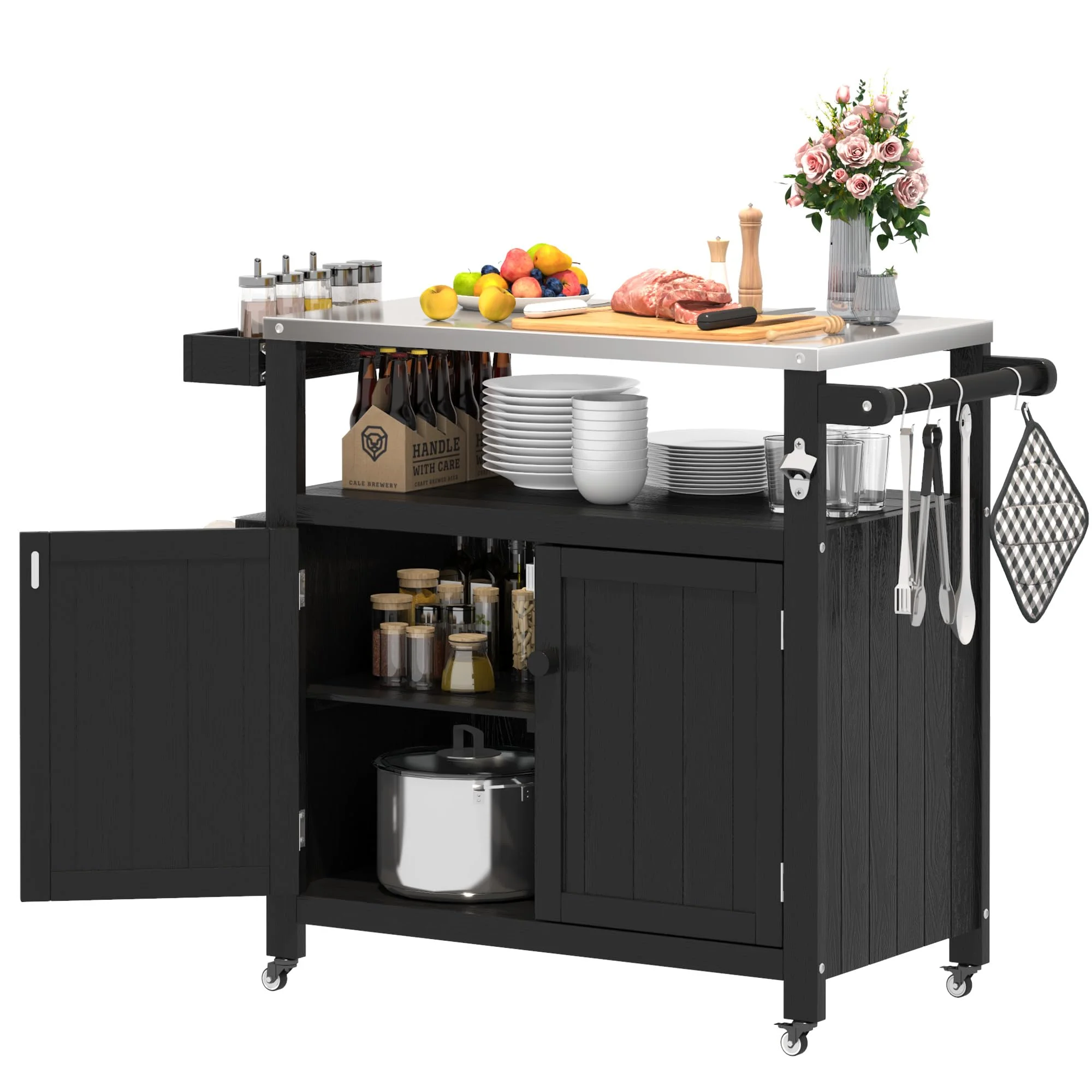 AeasyG Wetterfeste HIPS Outdoor Kücheninsel mit Edelstahlplatte & Aufbewahrungsschrank, bewegliche Vorbereitungstisch mit Rädern für BBQ-Zubereitung, Outdoor Grillwagen für Parties, Schwarz