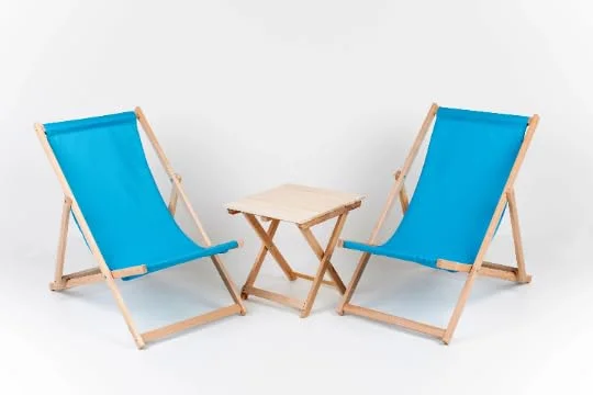 Merino Wool Set 2X Lounger + Table Traditional Line Liegestuhl Sonnenliege Klappbar, Gartenliege Rückenlehne verstellbar leicht klappbar Garten Balkon Strand Holzklappstühle Naturholz Lounger (Blue)