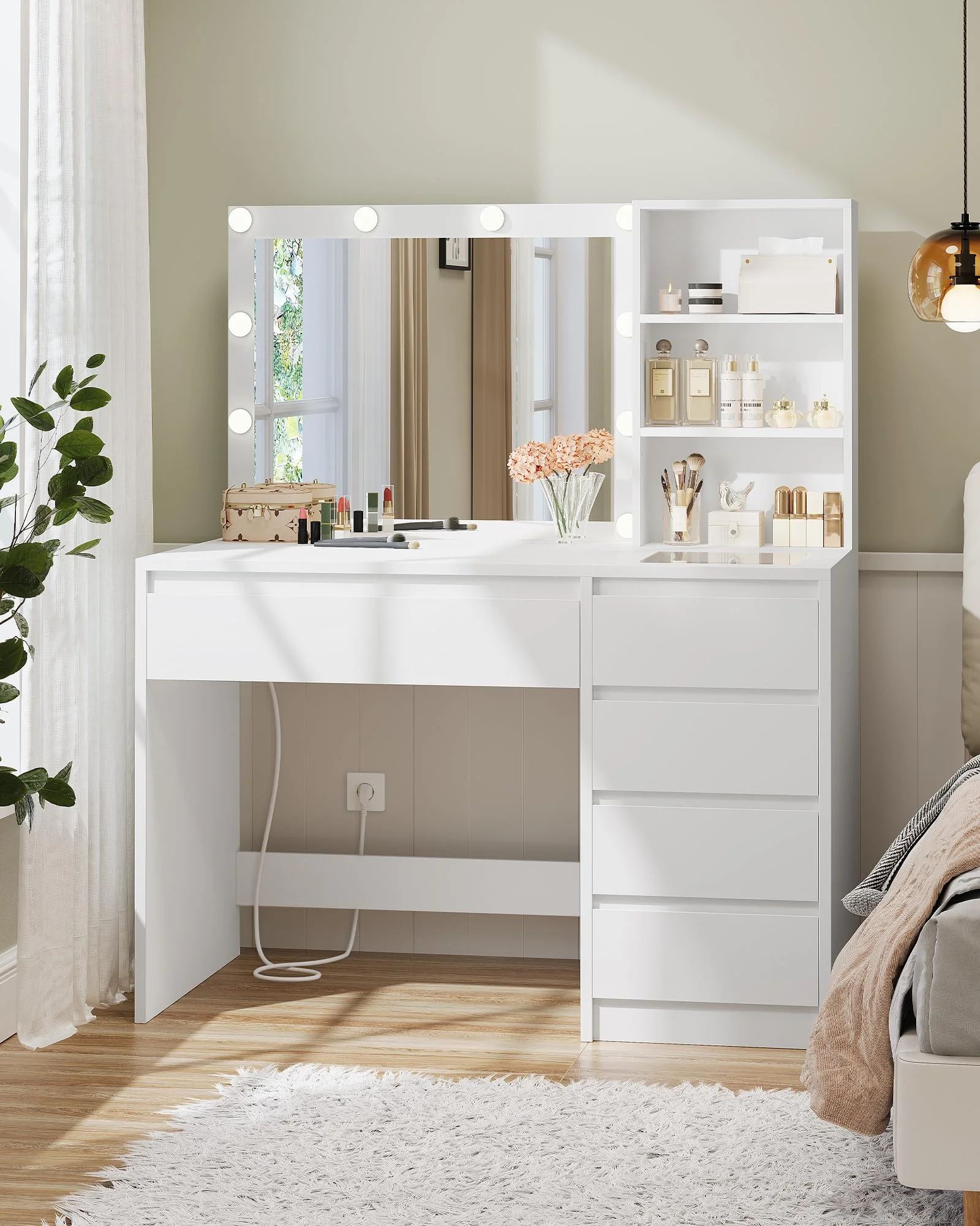 KIMENICH 120 cm Schminktisch mit Beleuchtung, Schmucktablett, Einstellbare Helligkeit, Kosmetiktisch mit Steckdosen, Schminktische mit Spiegel, Frisiertisch mit 5 Schubladen, 3 offene Fächer, Weiß