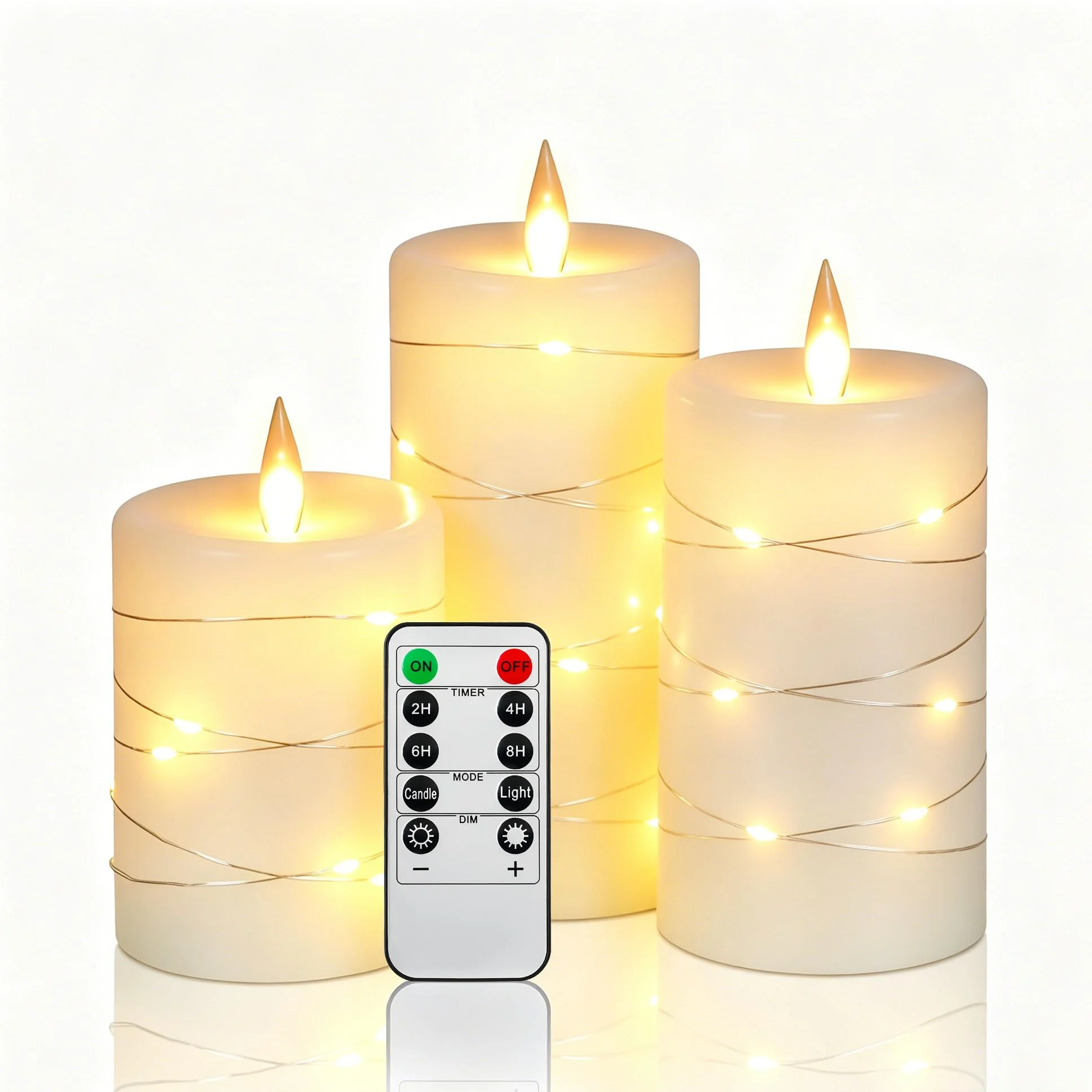 Da by 3 Stück Elfenbein Paraffin LED Kerzen mit Feenlichtkette, Realistische Flackerflamme, Batteriebetriebene Premium Kerzen mit Fernbedienung, Wiederverwendbar für Wohn- und Festdekoration