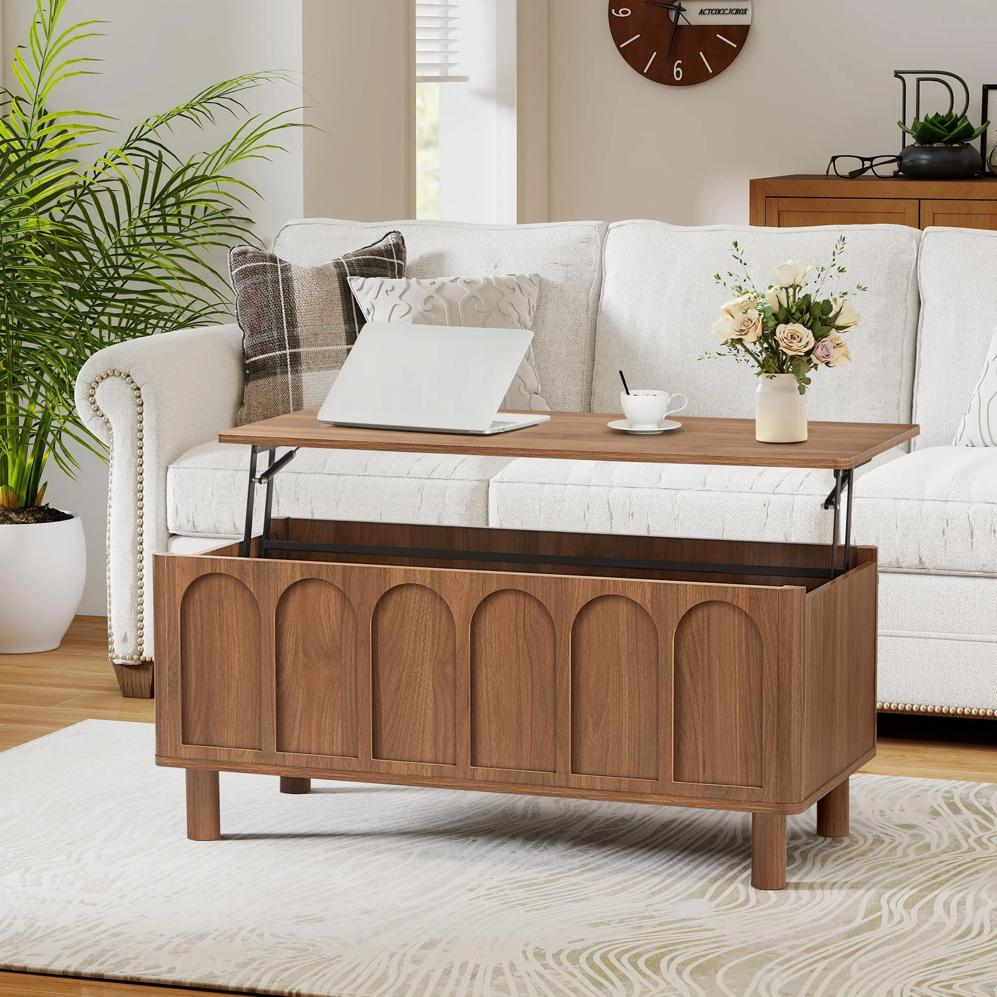 GuannCraft Schrank, EIN höhenverstellbarer Couchtisch aus Holz mit geschwungenen Seiten und geriffelter Oberfläche. Der Tisch ist höhenverstellbar und eignet Sich für Wohnzimmer.(Nussbaum)
