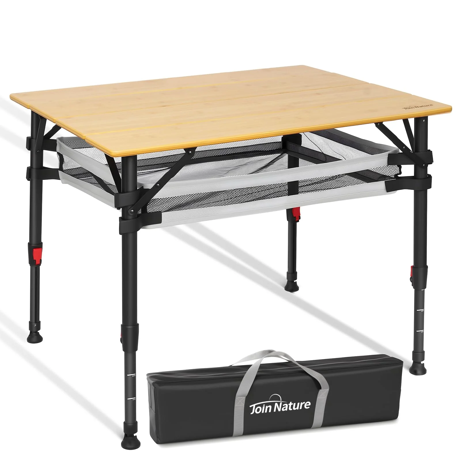 Join Nature Campingtisch Klappbar Bis 100KG, Bambus Faltbar Camping Tisch Höhenverstellbar 47–65cm, Klapptisch mit Tragetasche & Netzablage für Camping, Outdoor 80x60cm