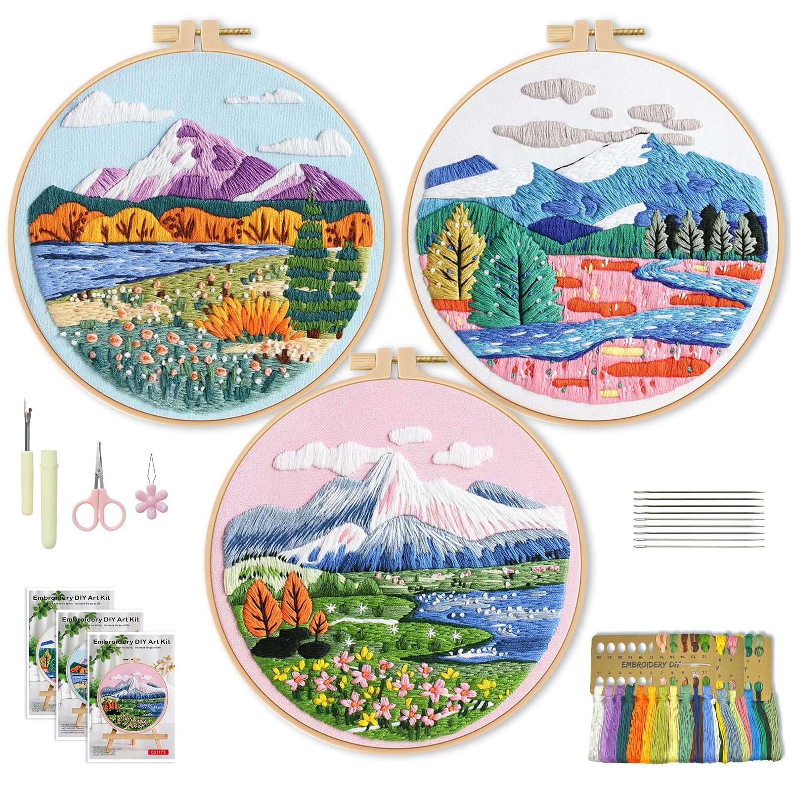 WIVLAX 3-teilig StickSet für Anfänger Erwachsene, DIY Berglandschaft Handstickerei mit Holzrahmen, Garn & Nadeln, Vollständiges Nähset für Frauen und Jugendliche, Kreative Geschenkidee