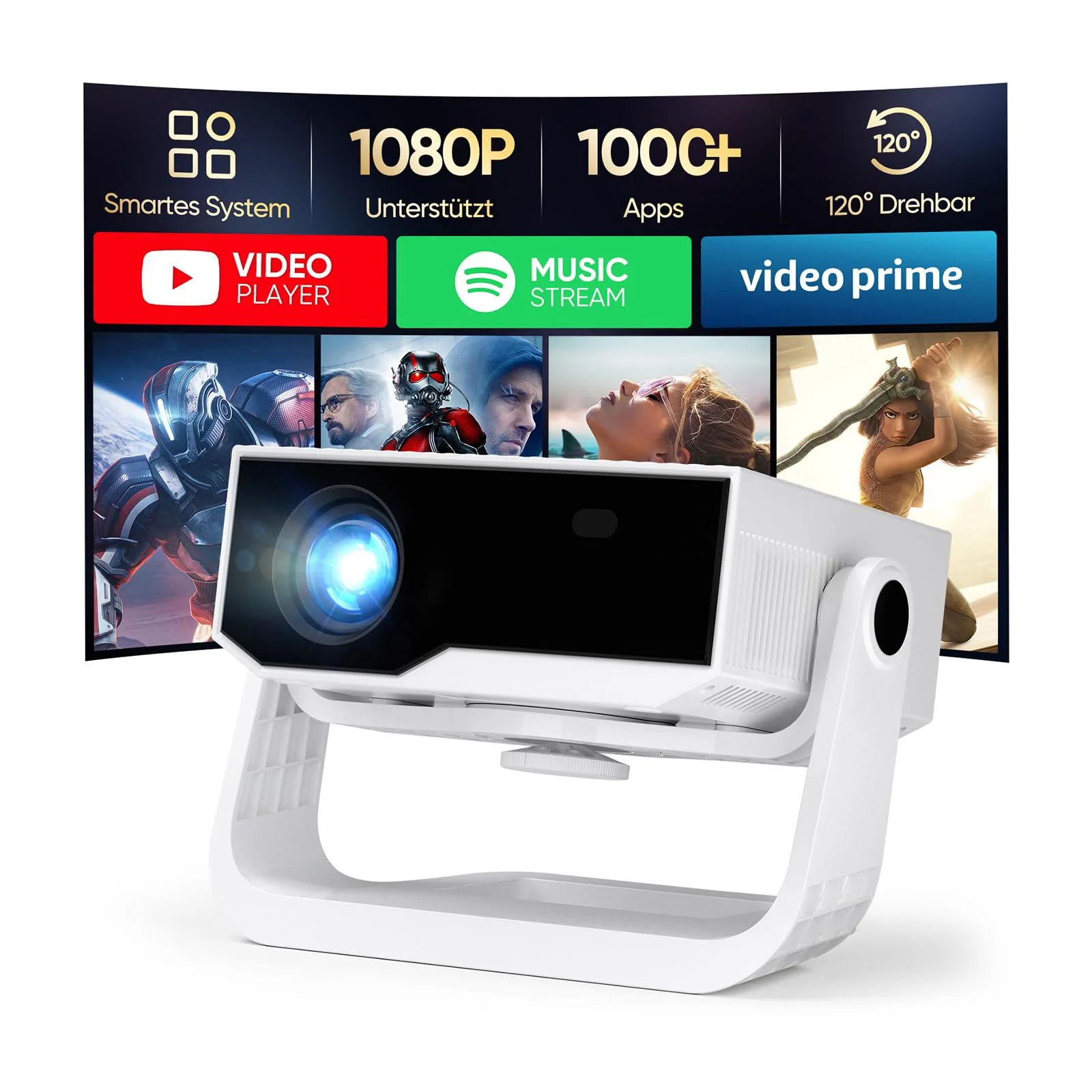 Wielio Smart Beamer, Heimkino Beamer mit integrierter App, 4K Unterstützung, WLAN&BT, 120° verstellbarem Ständer, vertikale Trapezkorrektur und elektronischer Fokus tragbarer Projektor für Handy/PC