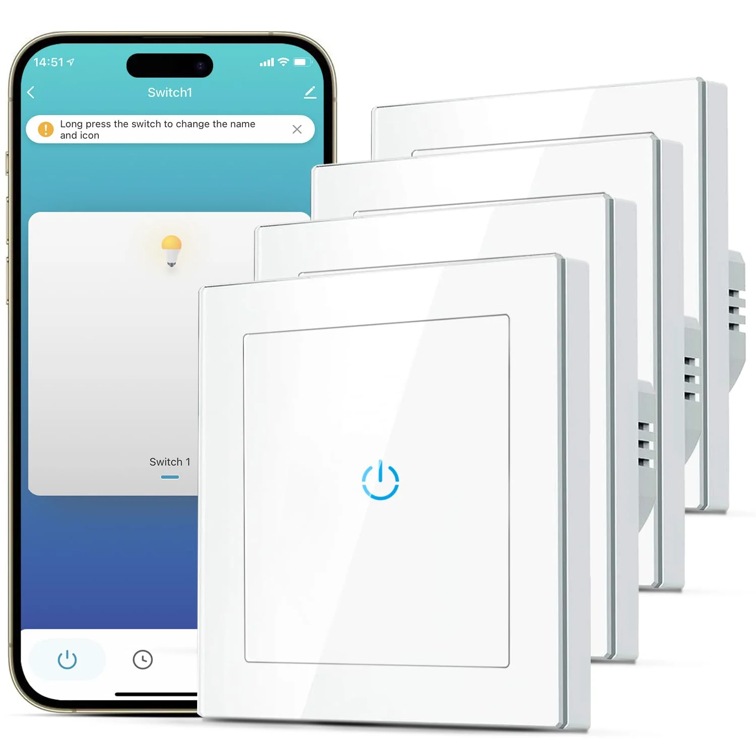 SMARTERCURRY Smart WLAN Lichtschalter 1 Fach 1 Weg Weiß 4 Stücke Neutralleiter Erforderlich,Touchscreen aus gehärtetem Glas, Timing-Funktion, Kompatibel mit Alexa/Google