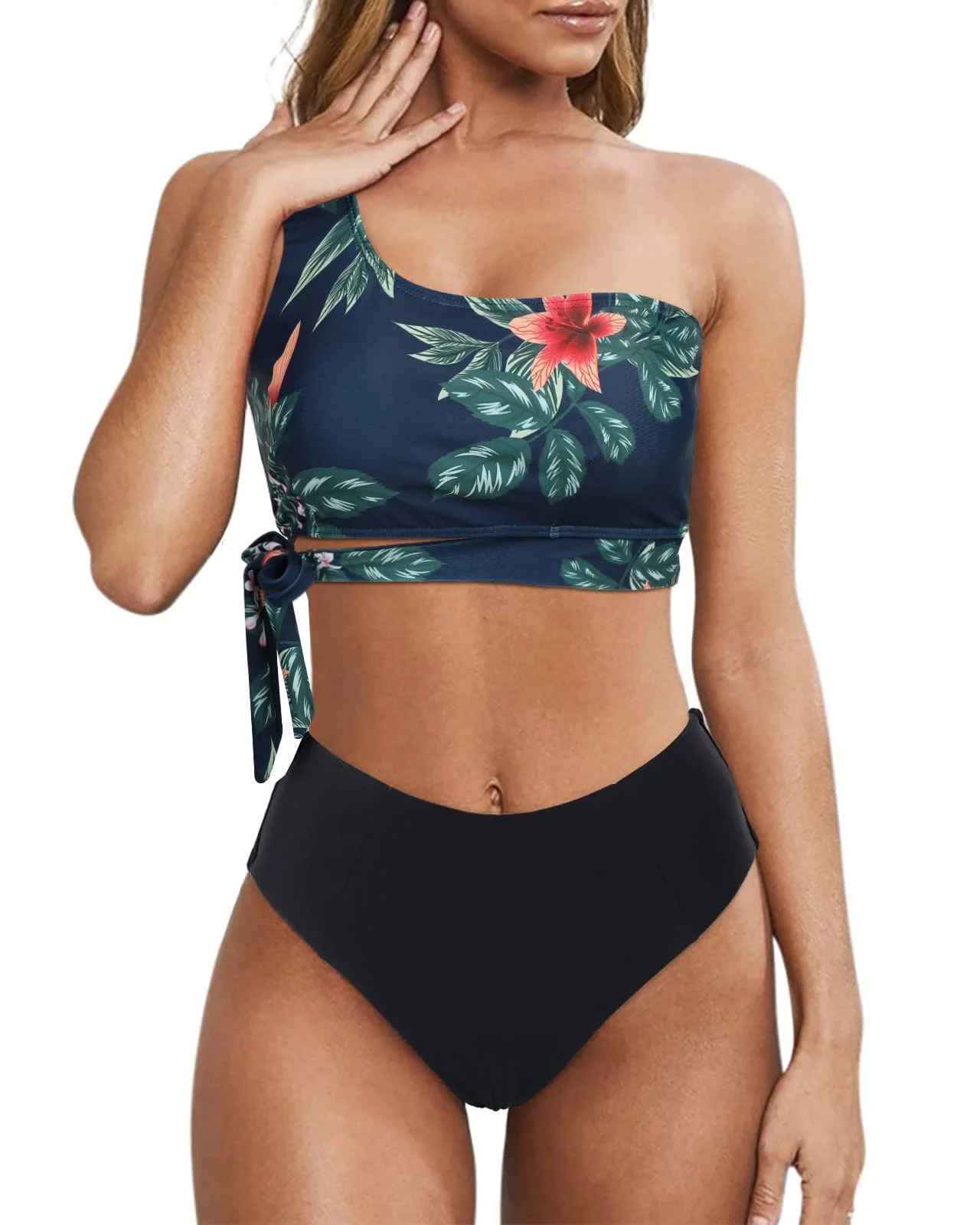 Wantonfy Damen Bikini Sets High Waist Schwimmanzug Zweiteiliger Badeanzug EIN Schulter Bademode Swimsuit