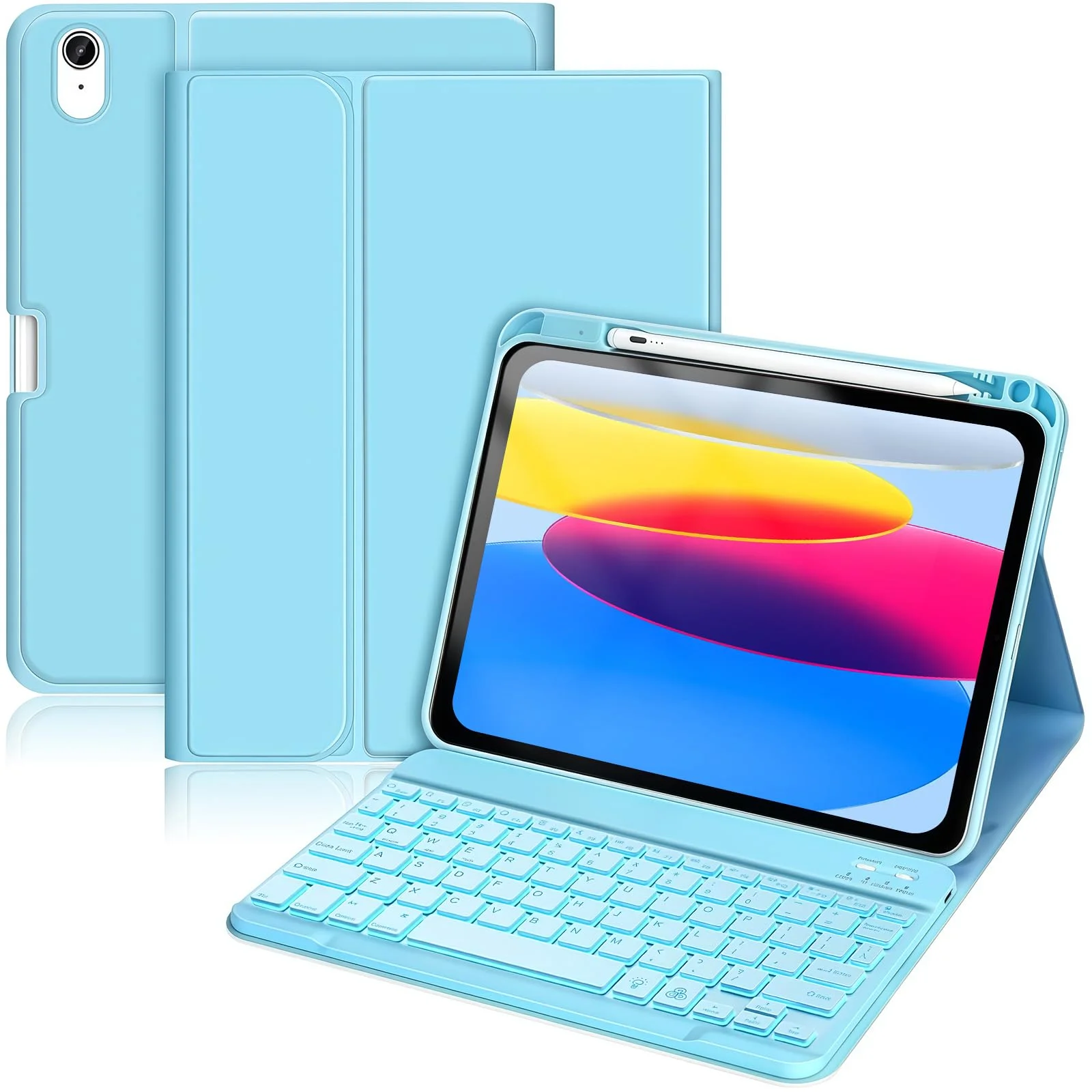 Hülle mit Tastatur für iPad A16 11. Generation 2025 / iPad 10. Generation 2022 (11/10.9 Zoll), Abnehmbares Wireless Keyboard, 7 Farben Beleuchtet, mit Stifthalter (Hell Blau)