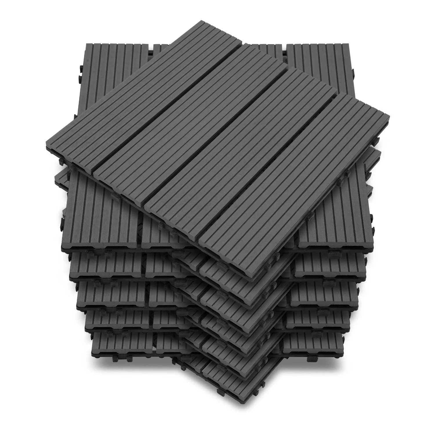 Vkechh WPC Terrassenfliesen, Klickfliesen Terrasse und Balkonfliesen in 30x30 cm Grau. Terrassendielen mit Drainage, 66 Stück (6 m²) als rutschfester Bodenbelag.