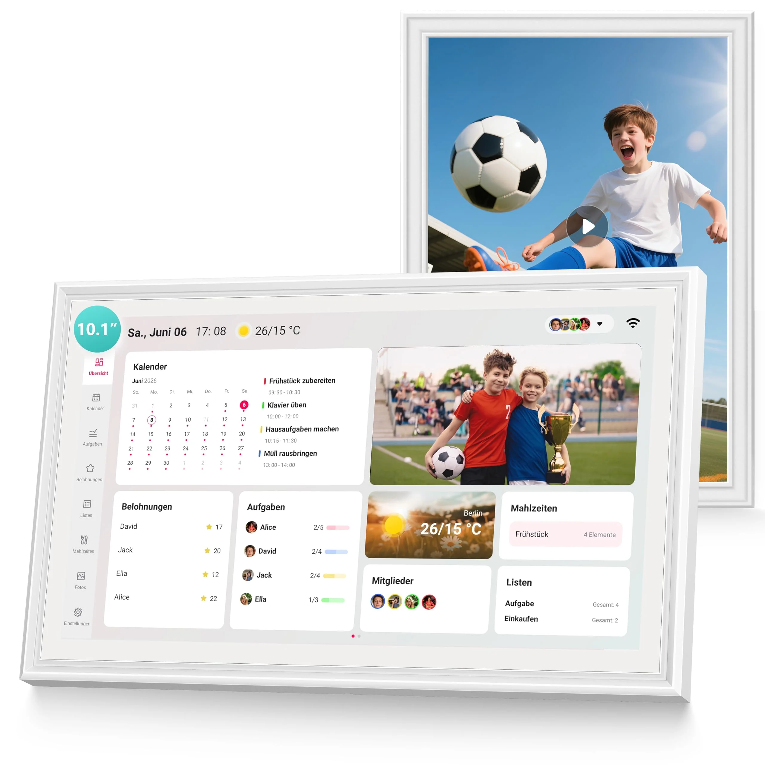 Airzeen Digitaler Kalender, Elektronischer Wandkalender für Familienplaner, Tag, Woche, Monat Planer, 10.1" Familienkalender mit Bilderrahmen, Aufgaben, Belohnungen, Mahlzeiten, Wetter, Listen, Wecker