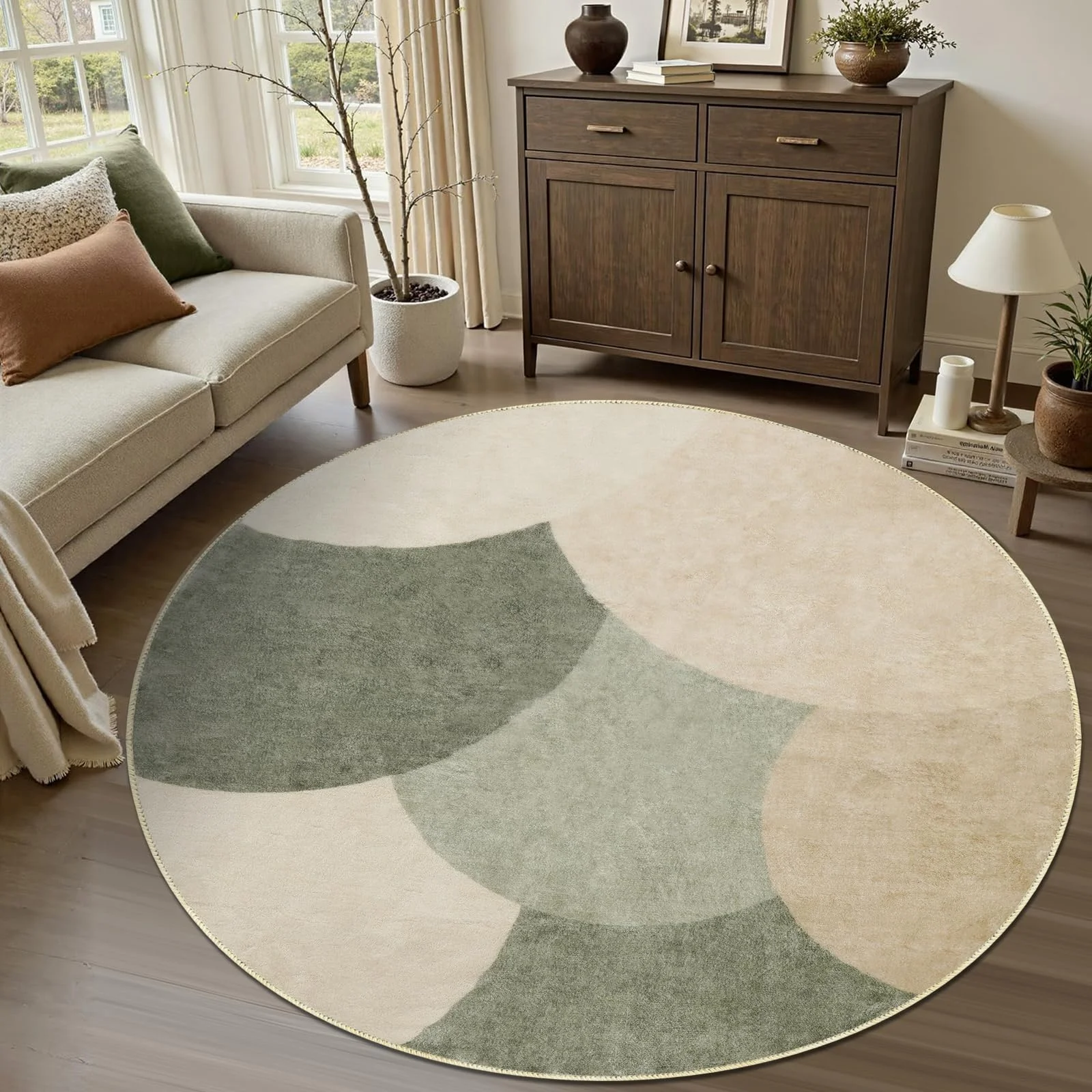 Zhaotingrui Runder Teppich 160cm Grün Beige Modern, Halbkreis Muster Flauschig Kurzflor, Antirutsch Wohnzimmer Teppich Waschbar Weich Kuschel