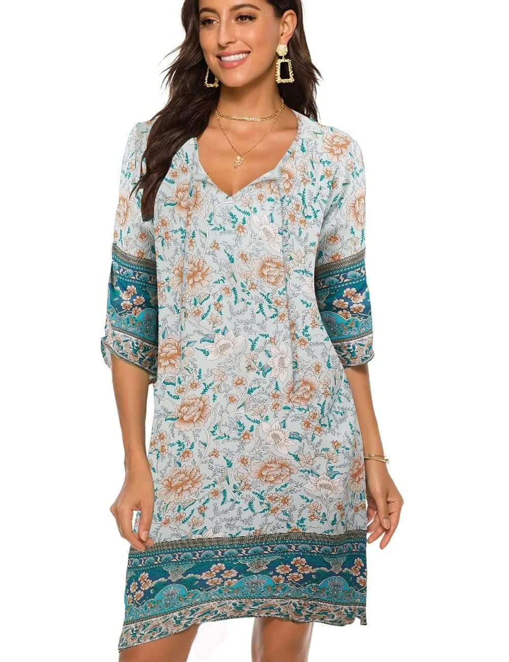 BDTECAOR Damen Vintage Ethnostil Blumenmuster Bohemian Tunika Kleid V-Ausschnitt 3/4 Arm Strandkleider Sommerkleider