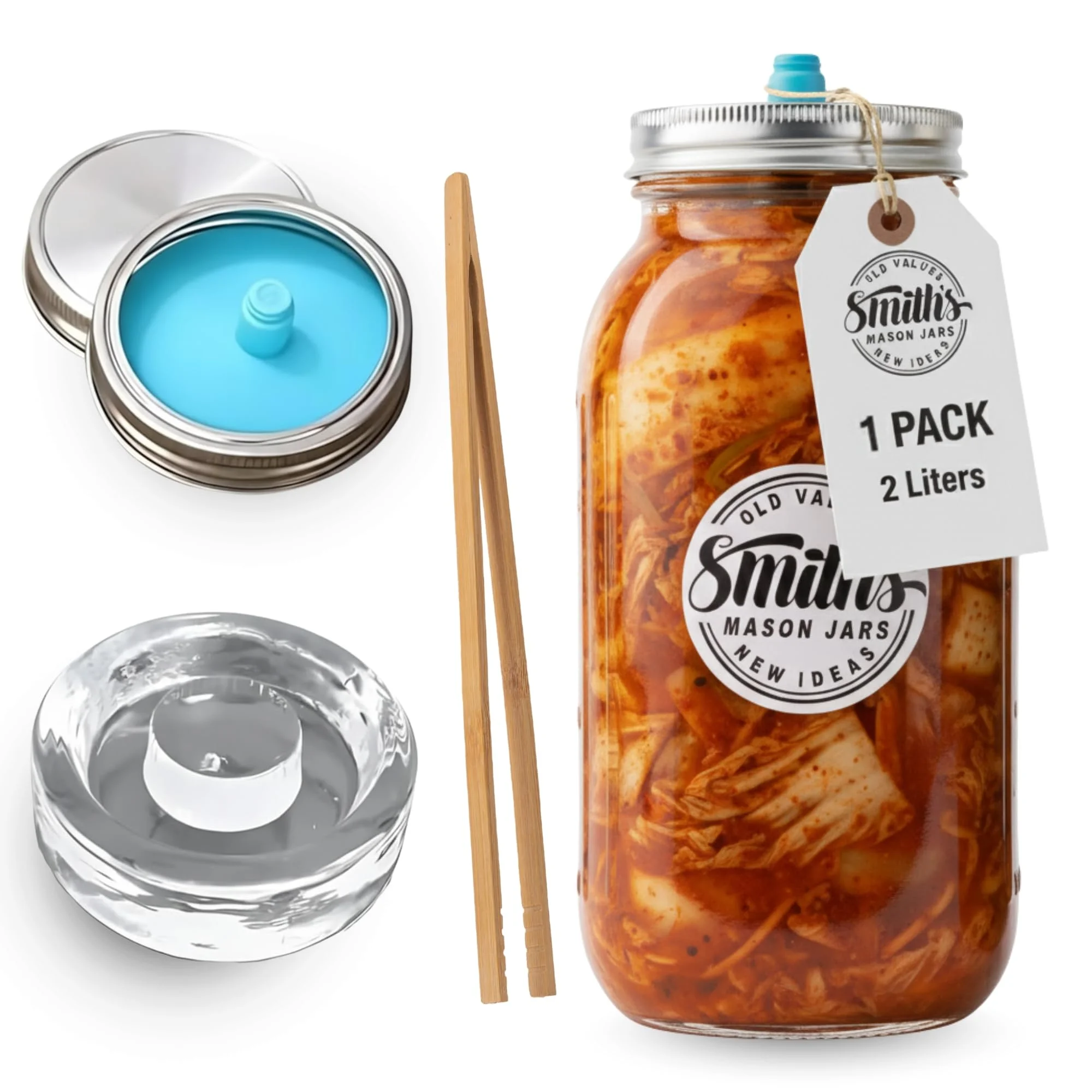 Smiths Mason Jars Fermentierglas 2L - 1er-Pack Fermentiergläser – Fermentierglas mit gärventil für Kimchi, Sauerkraut, Pickles & Sauerteigstarter– Fermentierset - Fermentationsglas Kimchi Behälter