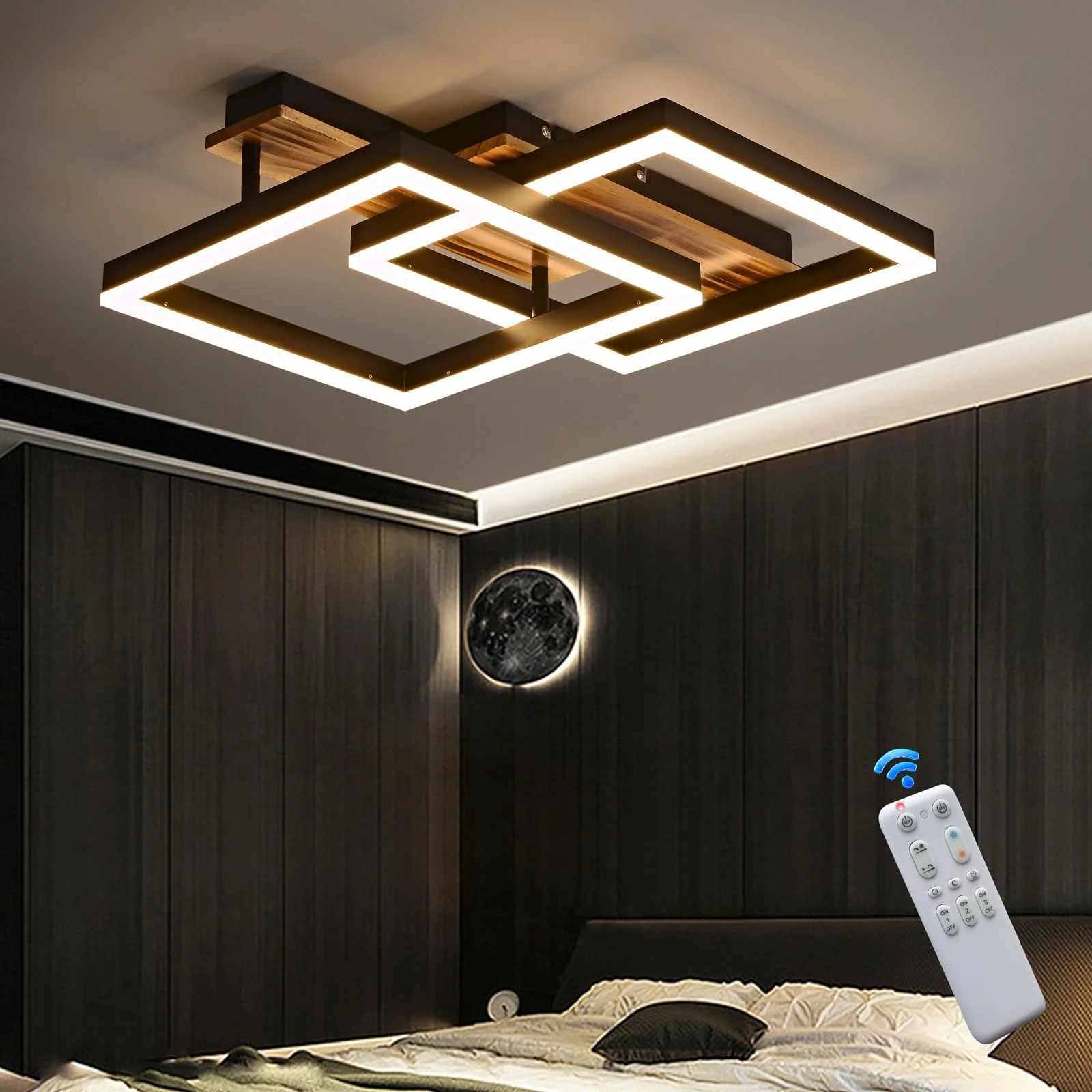 SEATAIN LED Deckenleuchte Holz dimmbar, Massivholz schwarz Rahmen Vintage Deckenlampe mit Fernbedienung, 40W 47cm 4000lm 3000-6000K, Schlafzimmerlampe, Wohnzimmerlampe, Memory Funktion 4W Nachtlicht