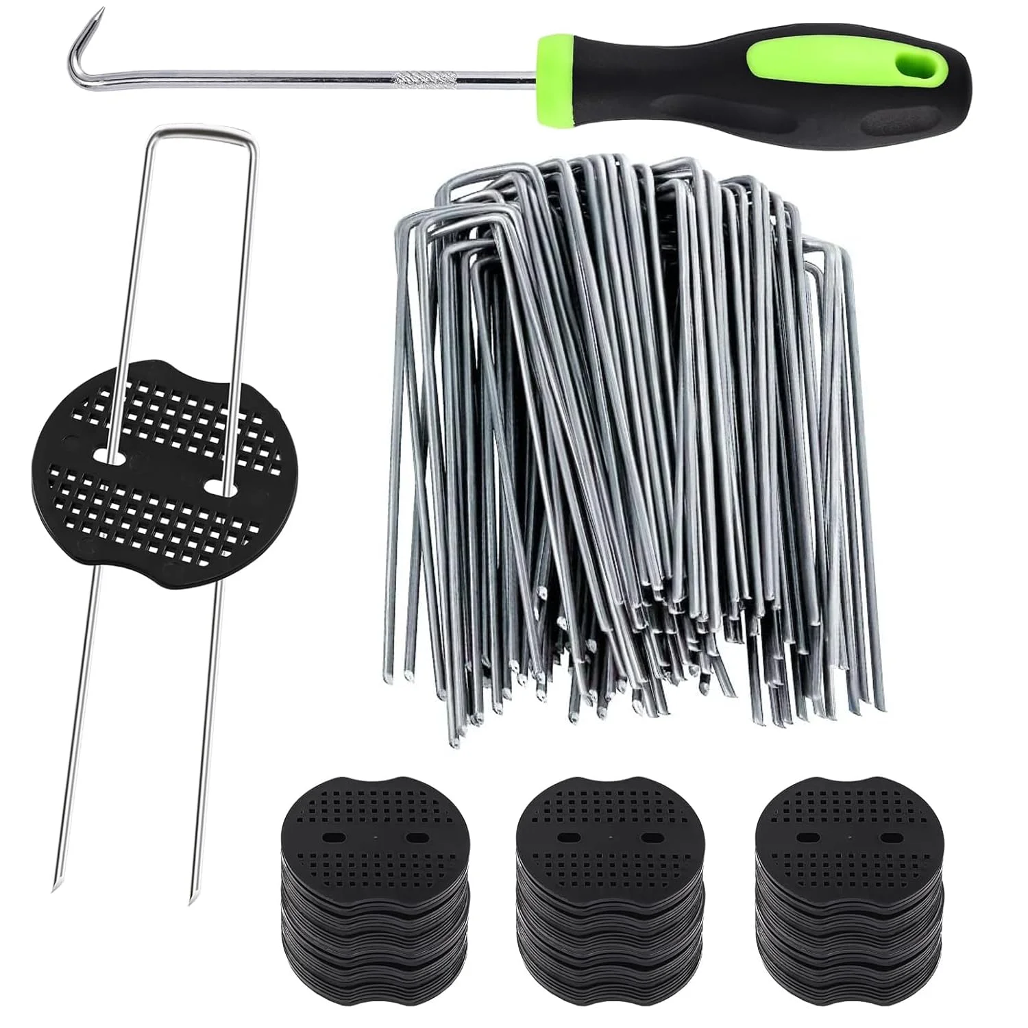 YTIan Heringe Erdnägel Stabil,Unkrautvlies – 100 U-förmige Erdanker (150x40mm, Ø2,5mm) + 100 Pufferscheiben, Unkrautvlies Haken Set für Garten, Rasenkanten, Gemüsebeet & Rohrbefestigung