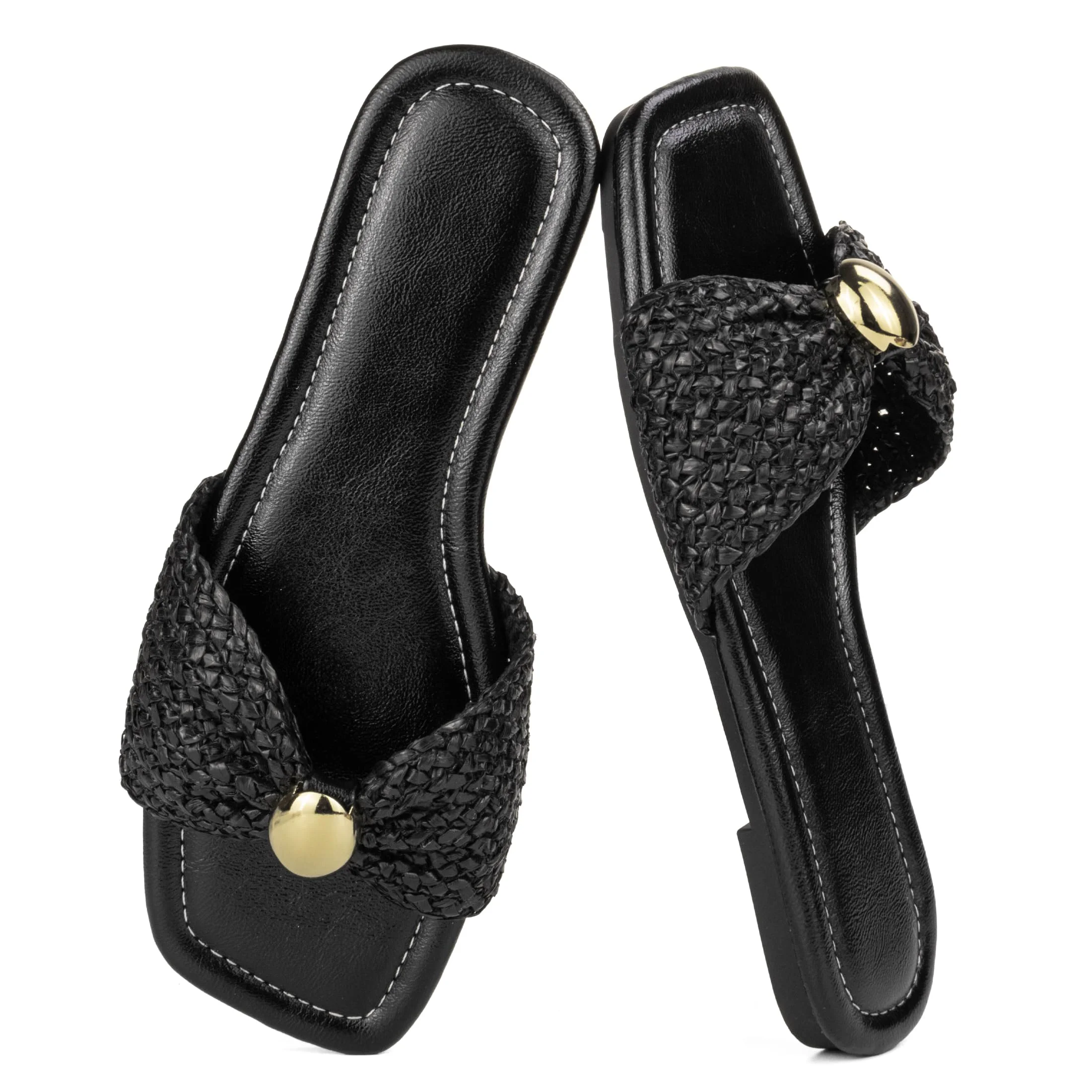 Mnking Damen Flache Sandalen Raffia Gewebt Knoten Slide Sandalen Quadratisch Offene Zehen Sommer Sandaletten für Alltag Urlaub Strand