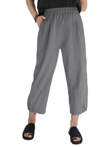 Les umes Damen Baumwolle Casual Capri Hose Elastische Taille Sommer Hose Haremhose mit Taschen