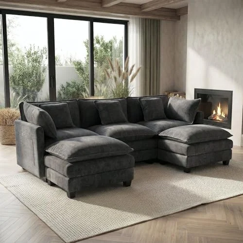 GRAVFORCE Ecksofa mit Schlaffunktion 240cm U Form Groß 3 Sitzer mit 1 Hocker Couch Modulares Big Sofa, Chenille Couch mit tiefer Sitz für Wohnzimmer, Wohnung, Büro