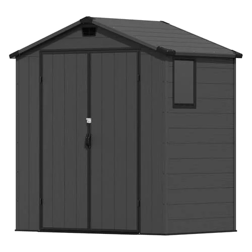 Devoko 6x4 Gartenhaus Kunststoff 4,7m³, 185x121x210 cm Gerätehaus mit Boden, Geräteschuppen, Fahrradschuppen mit Abschließbar Tür, Wetterfest für Garten Rasen, Hellgrau