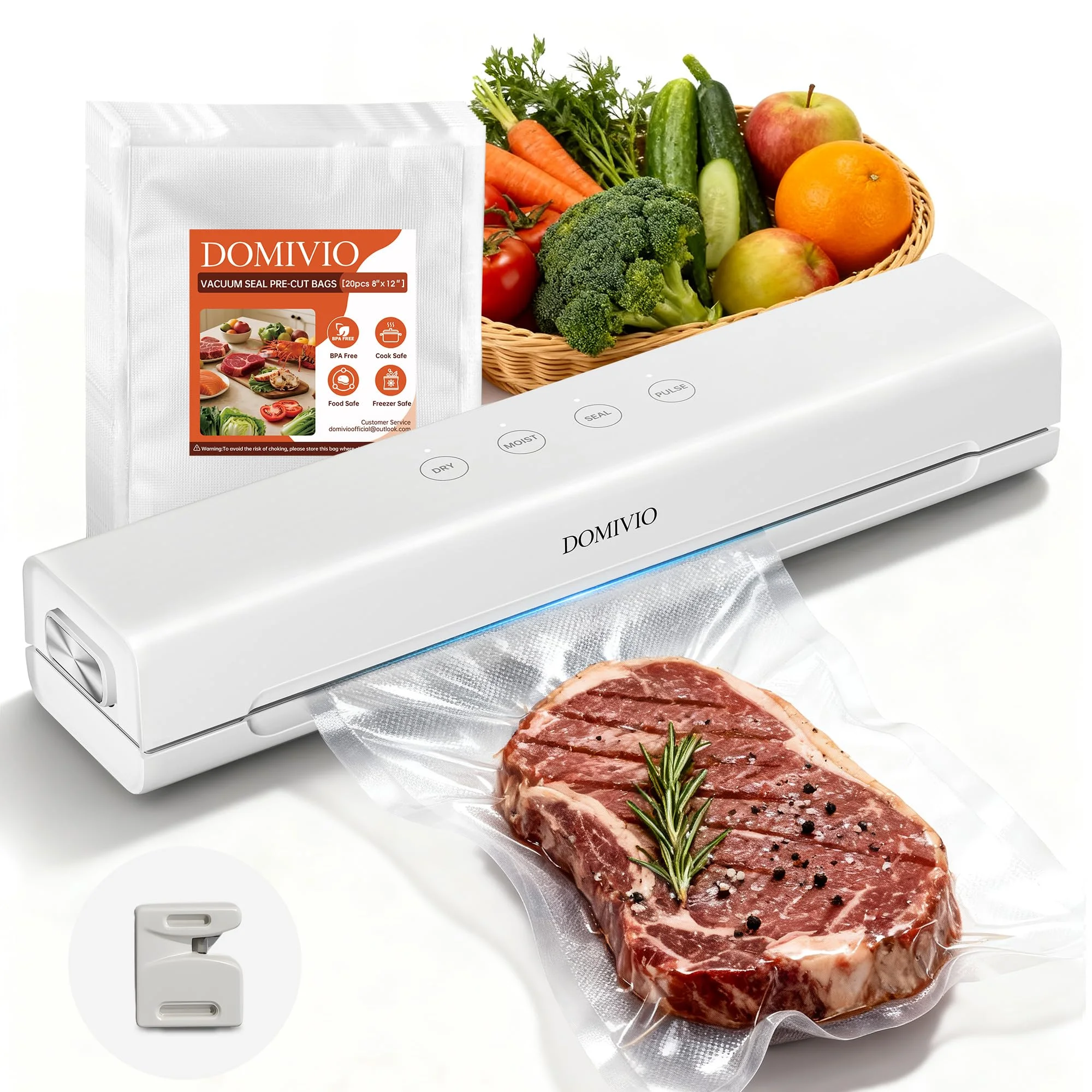 DOMIVIO Vakuumiergerät für Lebensmittel, 4-in-1-Funktionen mit 20 Vakuumbeuteln (20 x 30 cm) – kompaktes Design für den Einsatz in der heimischen Küche