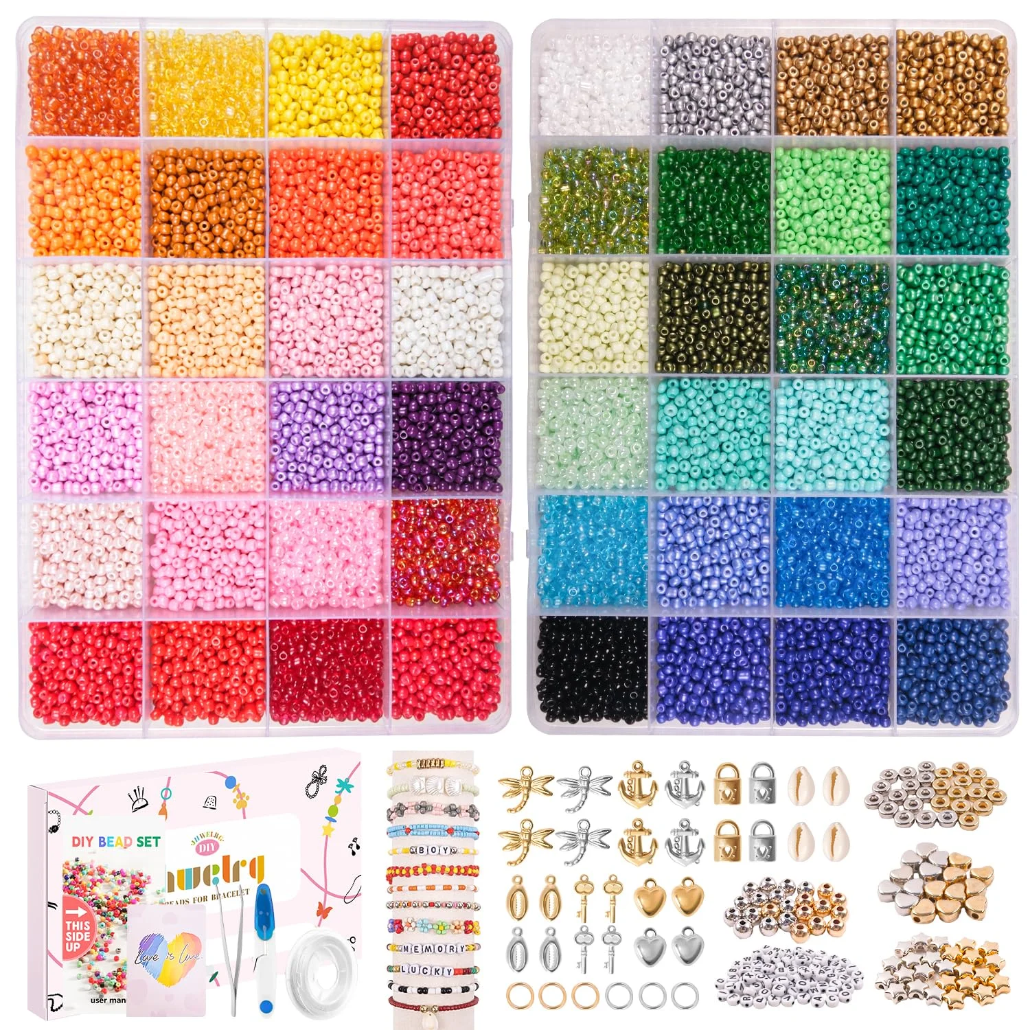 OIOYCLG 3mm16200 Stück DIY Perlen für Armbänder Perlen Set, 48 Farbe mit Buchstabenperlen und Anhänger Glasperlen zum Auffädeln, Geschenkidee für Weihnachten Feiertage Geburtstage Belohnungen