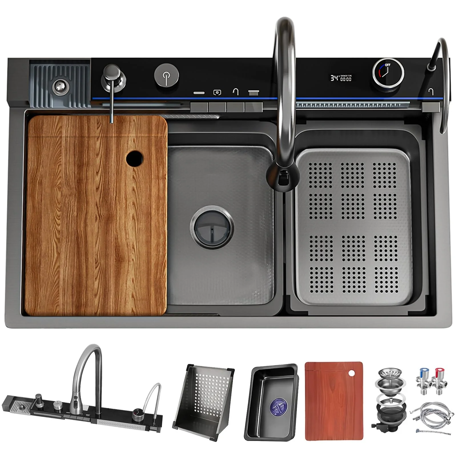 DSMRLEOP Küchenspüle, Wasserfall-Design Und Schwarzem Edelstahl-Finish, Große Einzelbecken-Bauernhausspüle, Nanobeschichtete -Vorbereitungsspüle Mit Ausziehbarem All-in-One-Wasserhahn(80x50cm)