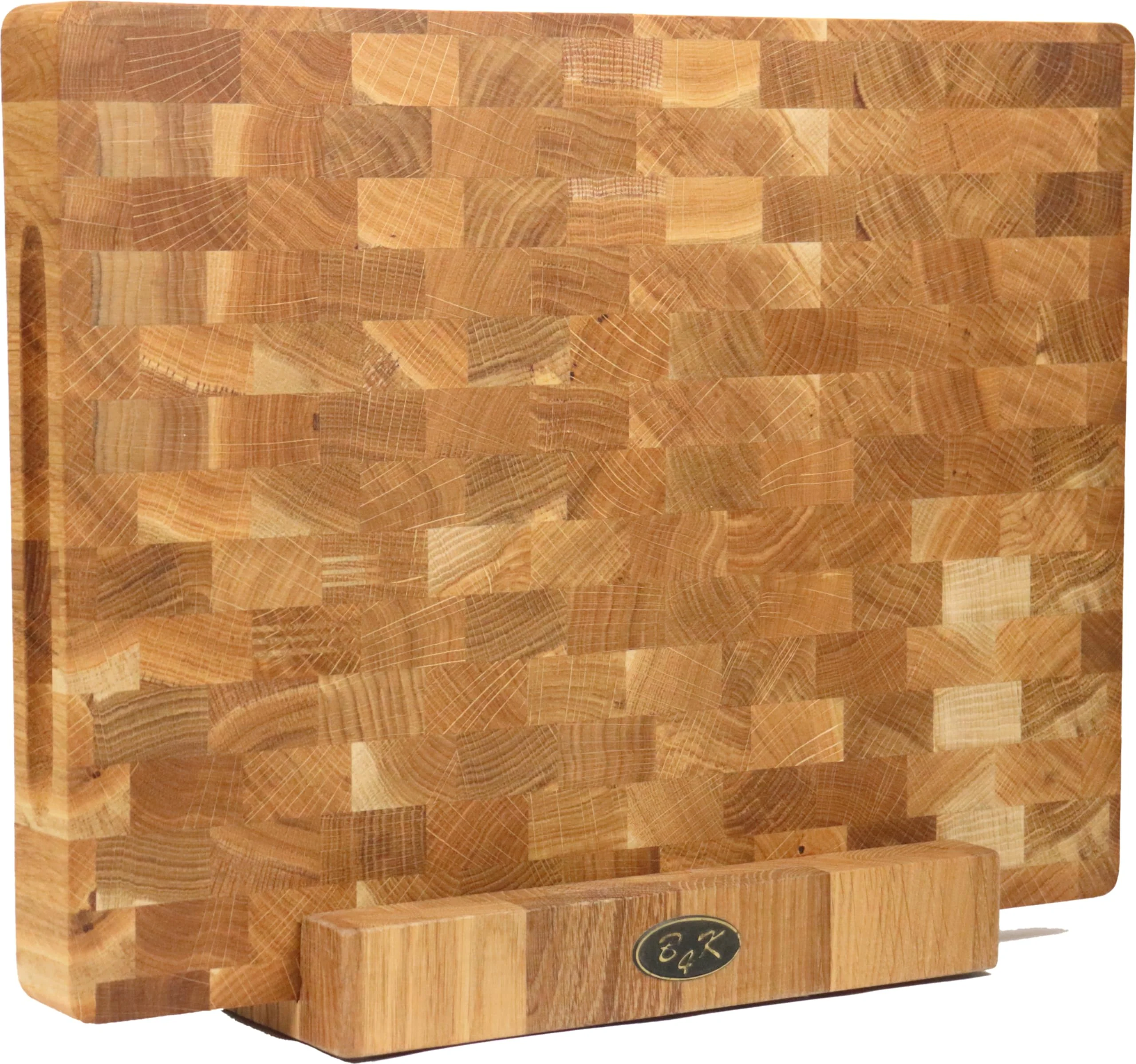 B4K® Schneidebrett mit Ständer aus Eiche Stirnholz 40 × 30 × 4 cm – Massiver Hackblock | Antibakterielles Hirnholzbrett mit Griffen & Silikonfüßen | Perfekt für Küche, Fleisch & BBQ