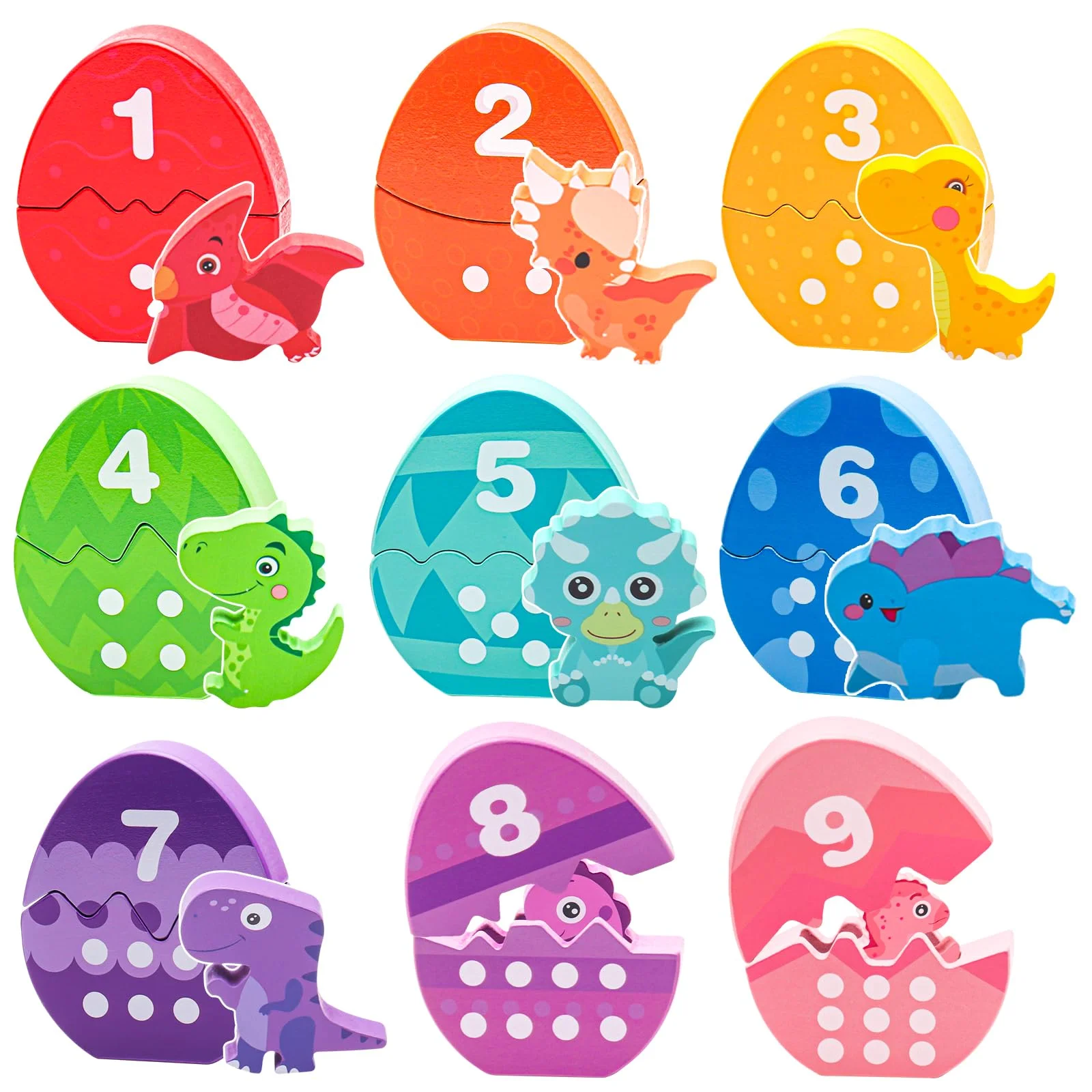 QUOIBLO Montessori Spielzeug ab 1 Jahr – 9 Stü Dinosaurier Eier Sortierspiel aus Holz – Förderung von Feinmotorik & Formerkennung –Pädagogisches Geburtstagsgeschenk für 1 2 3 Jungen & Mädchen