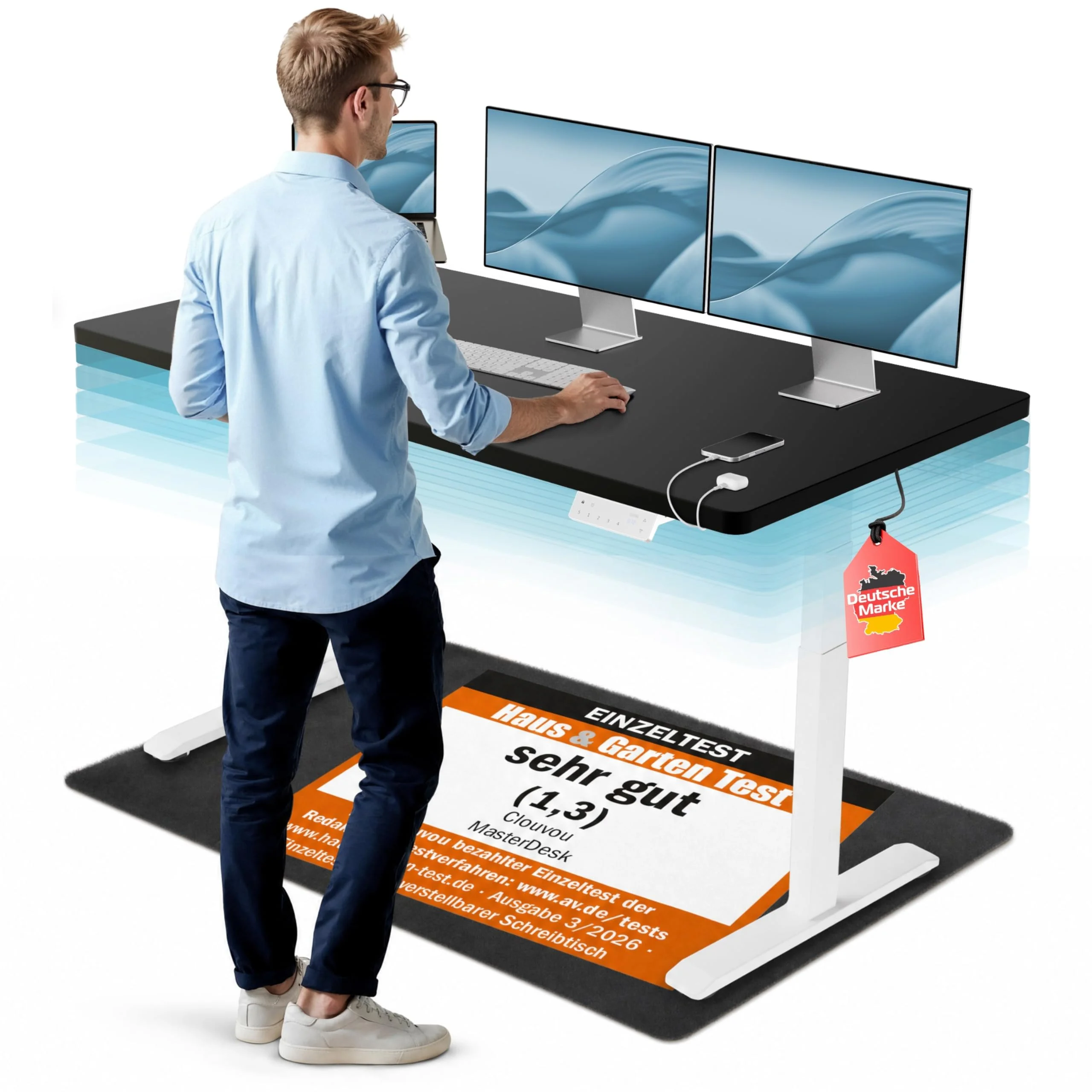 CLOUVOU MasterDesk Höhenverstellbarer Schreibtisch elektrisch 160x80cm [TESTSIEGER] Dual-Motor Schreibtisch höhenverstellbar elektrisch | Elektrischer Schreibtisch mit Memory, 2X USB & Kabelversteck