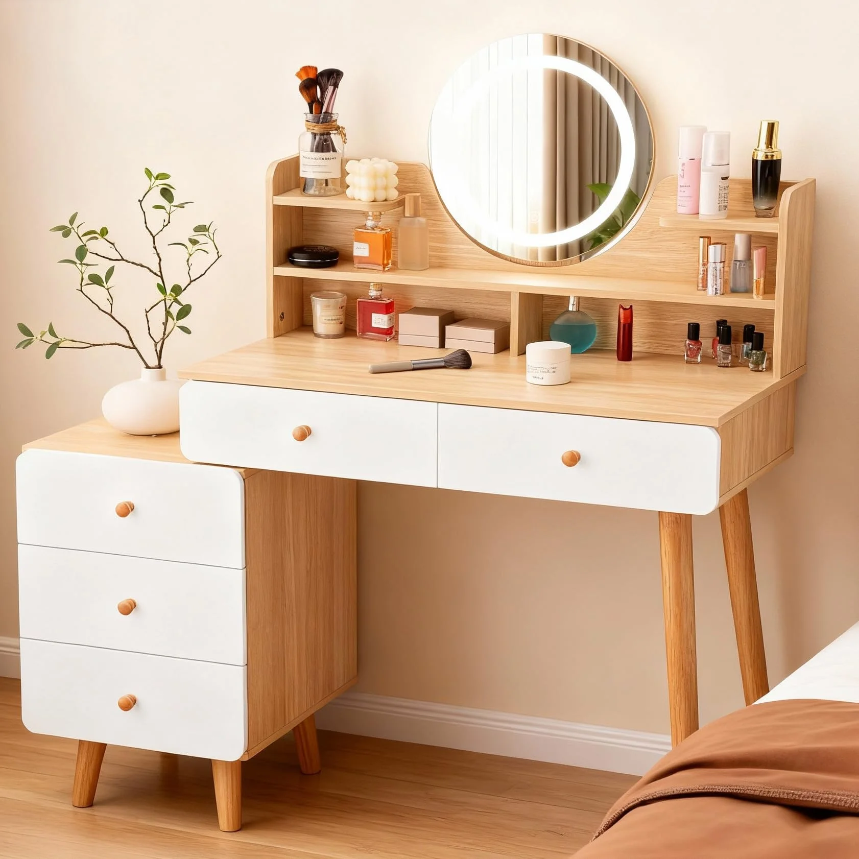 SHARPDO Schminktisch mit LED Beleuchtung und Spiegel, 3 Farben, Frisiertisch mit 5 Schubladen und Ablagefächern, Kosmetiktisch mit Glasplatte, Make up Tisch 80 cm - 100 cm breit, Holz und Weiß