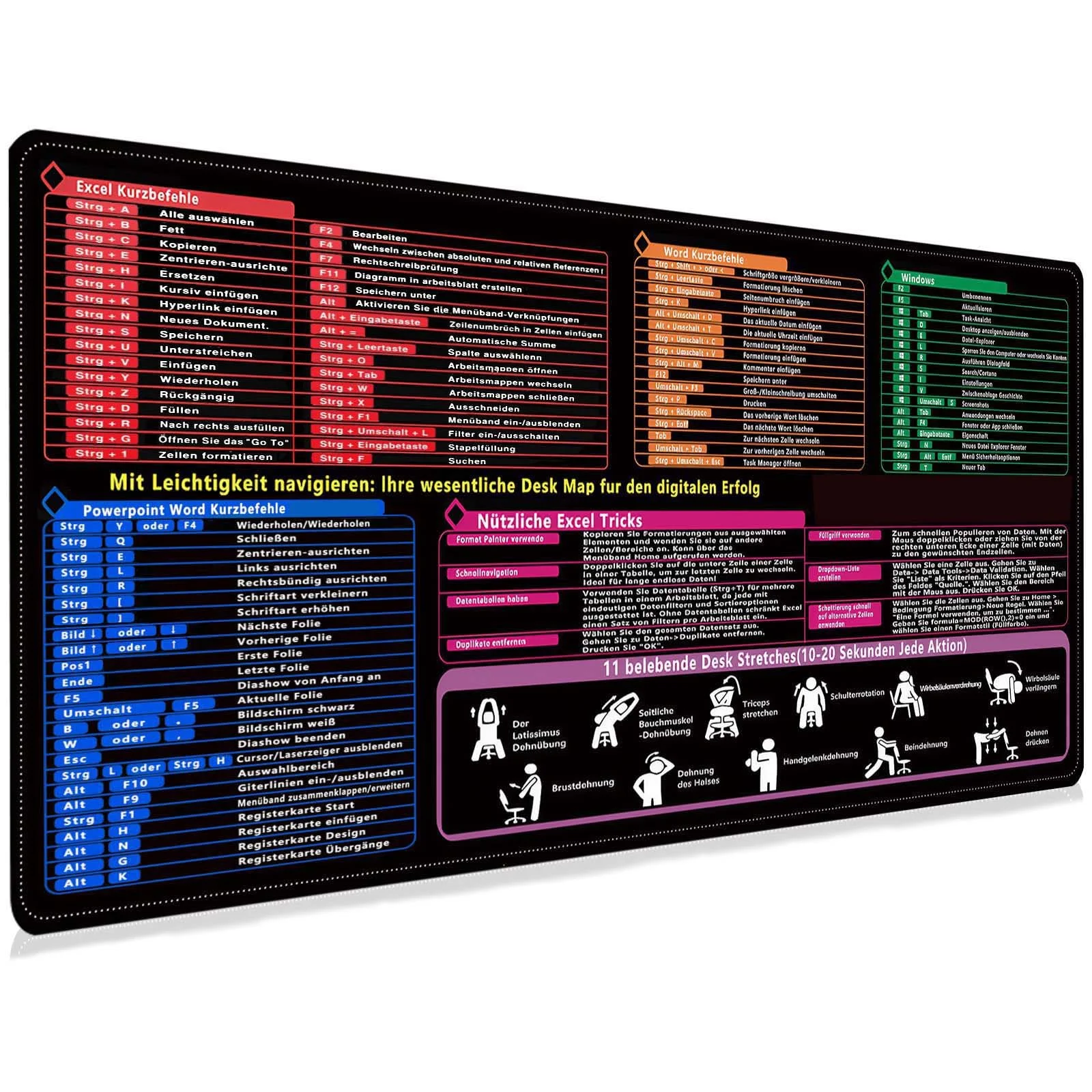 SENLINLIN Deutsch Mauspad Schreibtischunterlage mit Shortcuts für Excel, Word, PPT & Windows, hochwertig, Anti-rutsch Mousepad für Büro und Zuhause, erhöht Geschwindigkeit