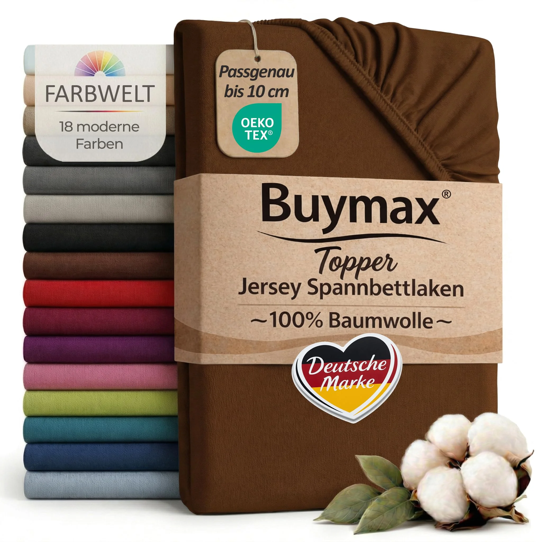 Buymax Jersey Spannbettlaken Topper 180x200 cm Schokobraun 100% Baumwolle – Spannbetttuch für Topper bis 10 cm Höhe, atmungsaktiv, elastisch, Perfekter Sitz, Oeko-TEX