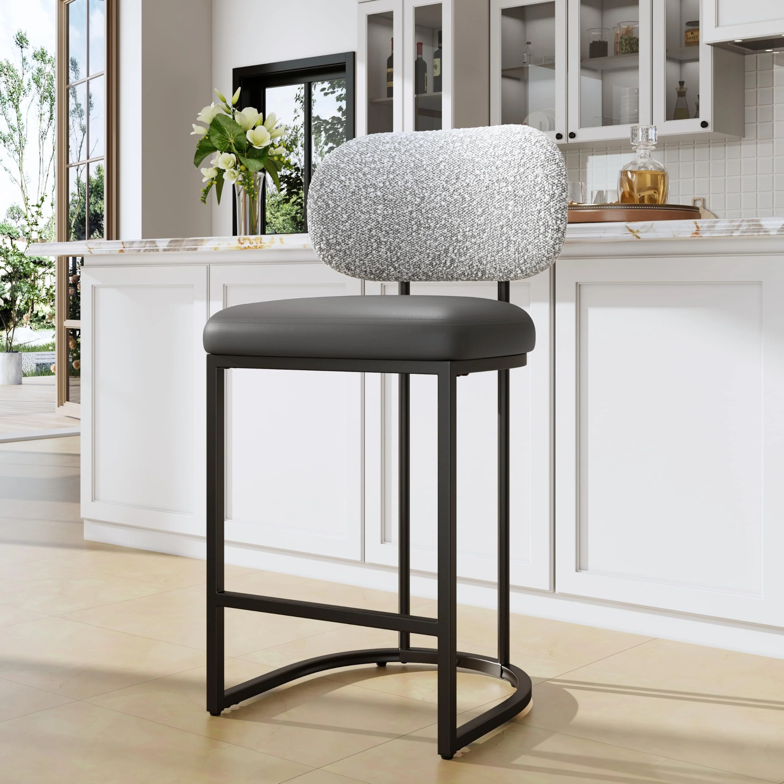 ALPHA HOME Barhocker Einzeln mit Lehne Küchenhocker mit Fußstütze Barstuhl mit Metallgestell Barstühle für Küche, Esszimmer, Hausbar, Grau