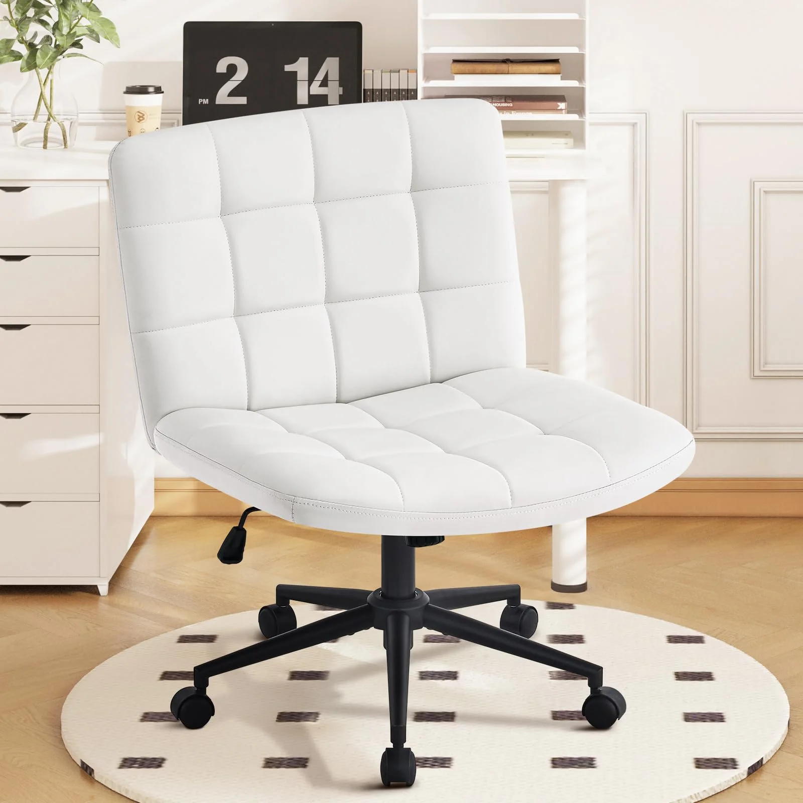 Hellove Bürostuhl Schreibtischstuhl mit breiter Sitzfläche, Ergonomischer Schneidersitz Stuhl ohne Armlehnen Höhenverstellbarer Schneidersitz Drehstuhl für Home Office, Weiß