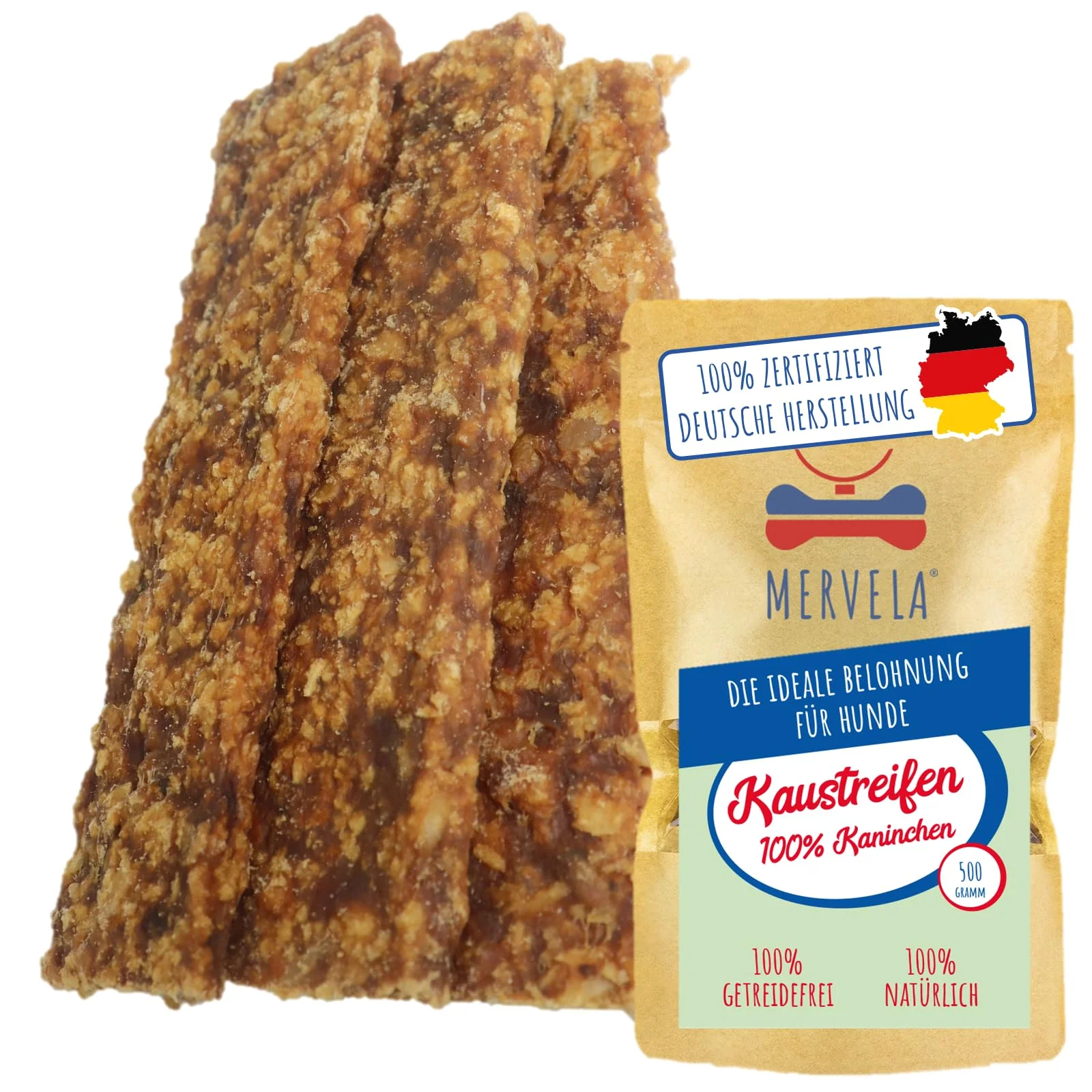MERVELA® Kaninchen Fleischstreifen | 500 Gramm | getreidefreie Hundeleckerli | Kaustreifen | hoher Fleischanteil | Kausnack für Hunde | Fleischstreifen