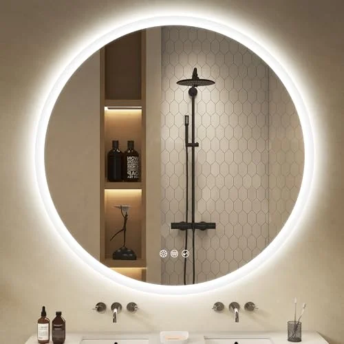 S'bagno Bluetooth-Badspiegel-mit-Beleuchtung-Rund 60CM, Schwarz Eisenrahmen, LED-Badezimmerspiegel-mit-Licht, Antibeschlag, 3 Lichtfarben Dimmbar, Memory-Funktion, IP44 Hartglas