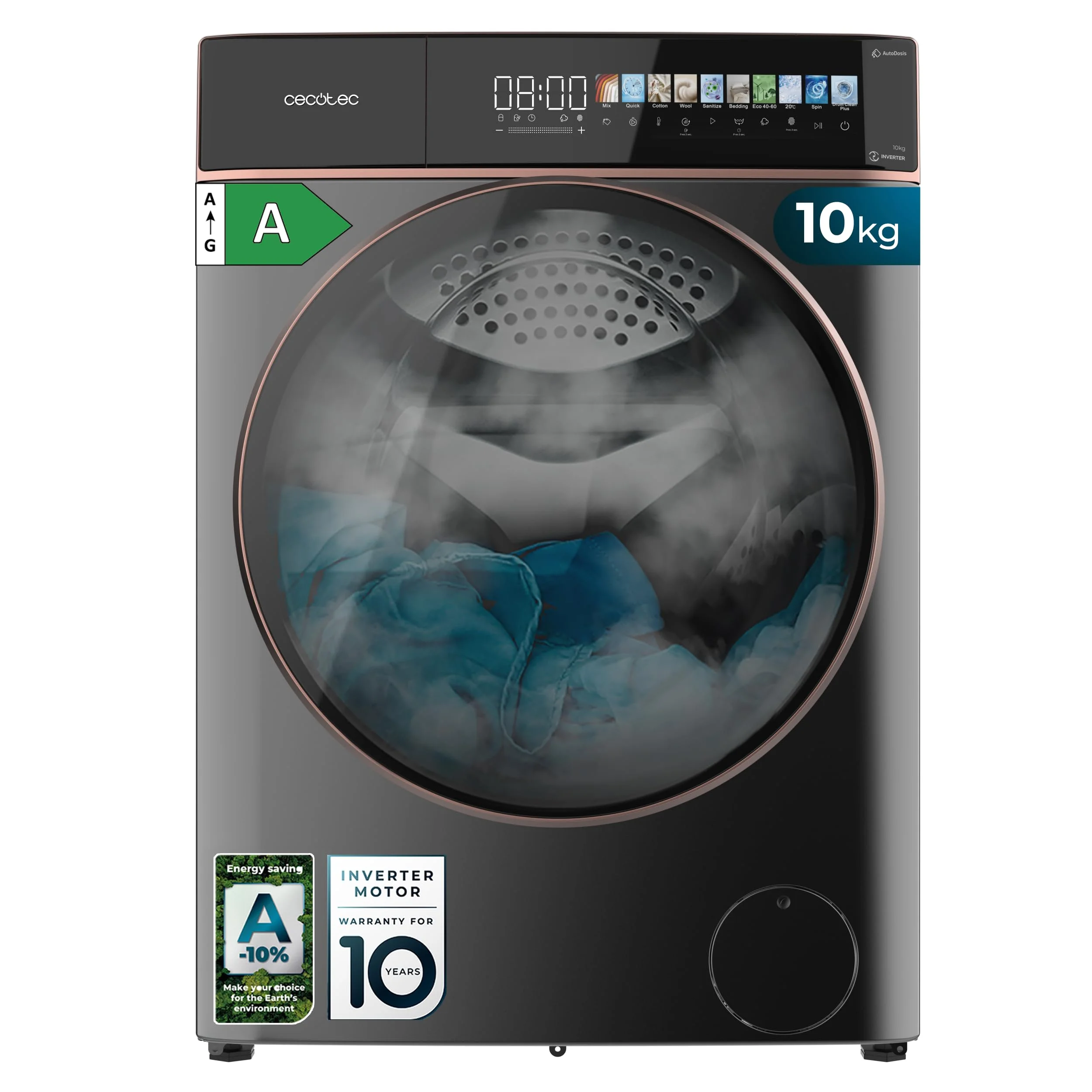 Cecotec Waschmaschine 10kg Frontlader Bolero DressCode 10900 Autodose Inverter FullColor Steel A. 1400 U/min, geringer Verbrauch, 10,3"-Bildschirm, 11 Prog, Inverter Plus-Motor, Dampffunktion