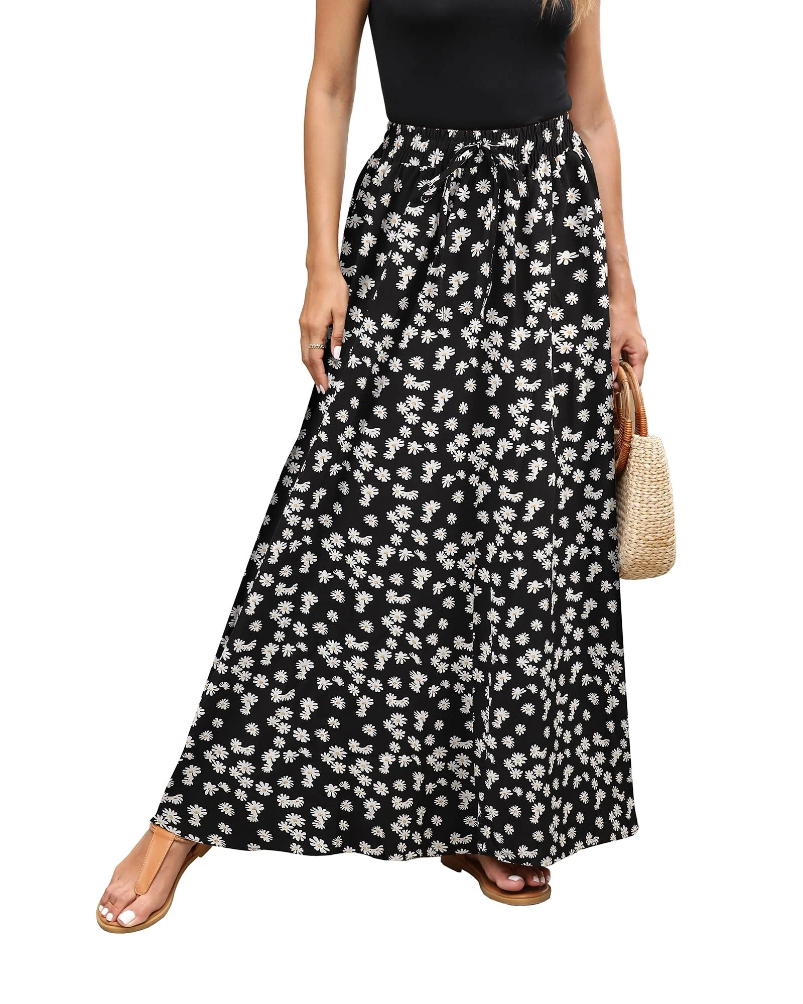 Hount Damen Rock Elastische Taille Maxirock Elegant Sommerrock Freizeitrock Lang Strandrock mit Kordelzug