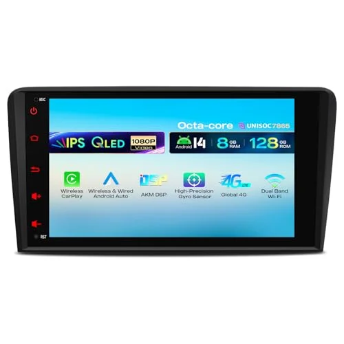XTRONS Android 14 Autoradio Octa Core 8+128GB für Audi A3 S3 RS3 8-Zoll-IPS-QLED-Bildschirm Integriertes 4G LTE DSP Bluetooth WiFi Car Play Android Auto GPS Optional DAB OBD TPMS