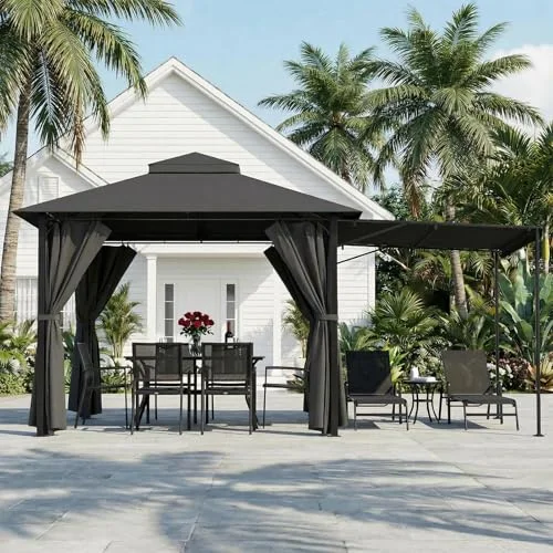JUMMICO Gazebo 3 x 3 m Barbecue Gazebo with 1.8 m Adjustable Awning, Expandable to 3 x 4.8 m, for 6-10 People for Relaxing, Barbecuing and Celebrating, with Four Sided Fabric Trim, Dark Grey