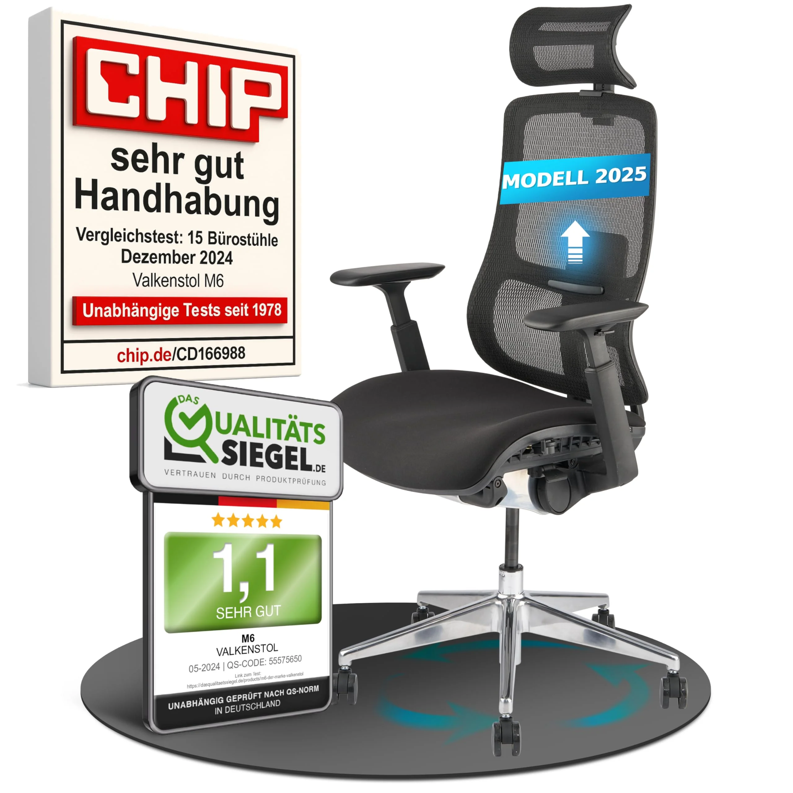 VALKENSTOL M6 Bürostuhl Ergonomisch Testsieger für Grosse Menschen, Breite Sitzfläche Schreibtischstuhl, Office Chair mit Lordosenstütze, Verstellbare Rückenlehne für Gesundes Sitzen Chefsessel 150kg