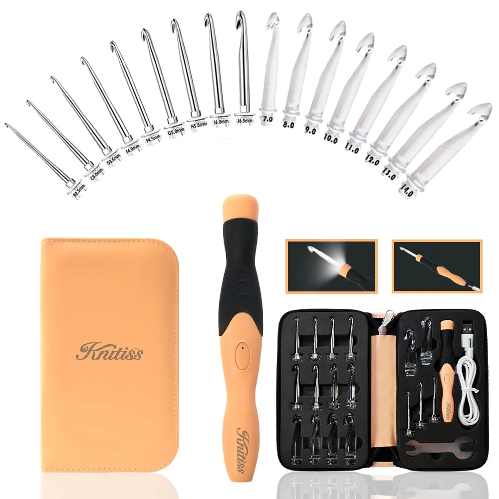 Knitiss Leuchtendes Häkelnadel-Set, 17 Größen, 2,5 mm ~ 14,0 mm, wiederaufladbare Häkelnadeln mit Lichtern, ergonomische Häkelnadel mit weichem Griff