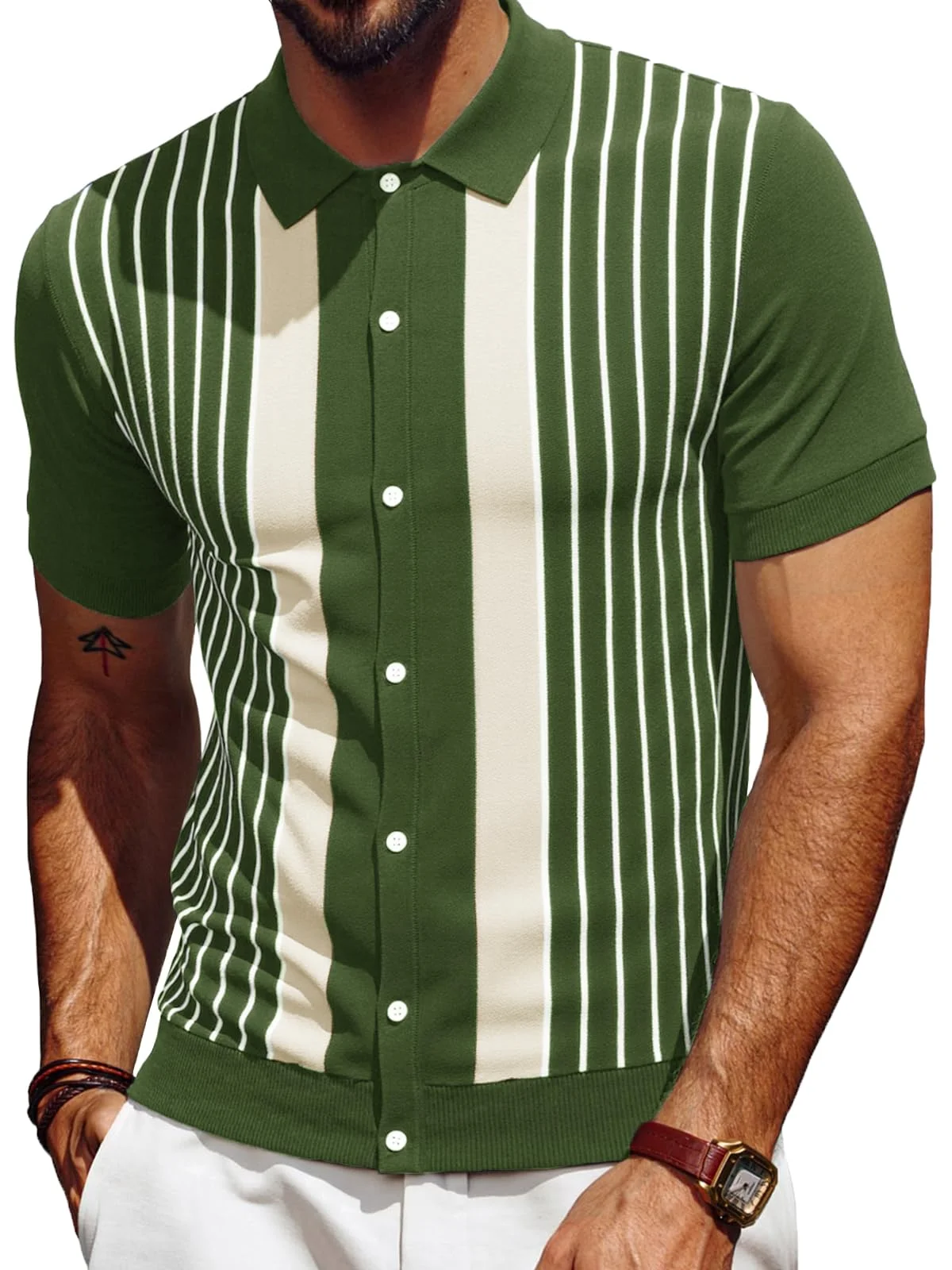 Les umes Herren Polohemd Vintage Streifen Knopfleiste Strick Cardigan Kurzarm Baumwolle Sommer Golf Casual