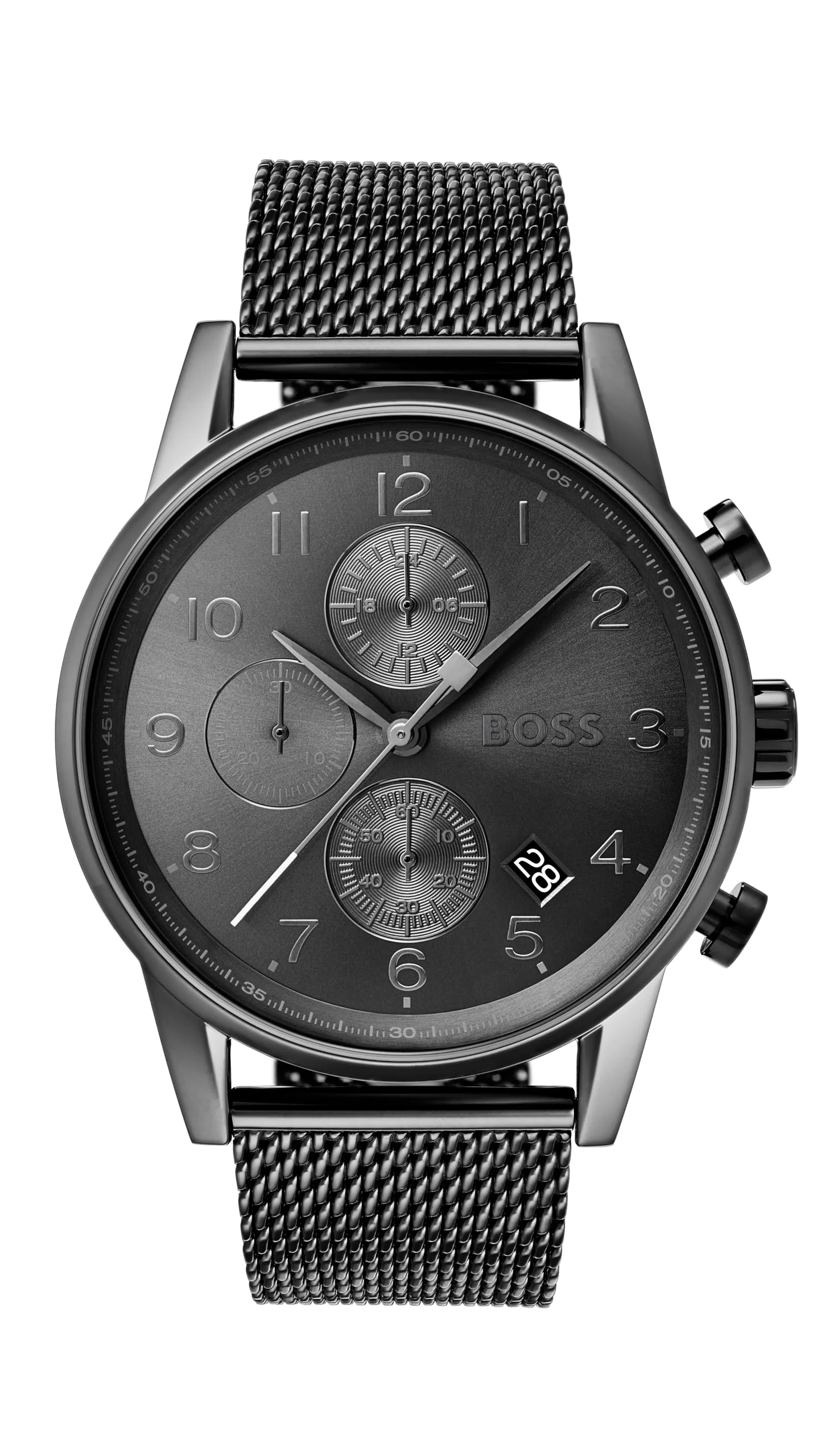 BOSS Chronograph Quarz Uhr für Herren Kollektion Navigator mit Edelstahl-Mesh-Gliederarmband oder Lederarmband