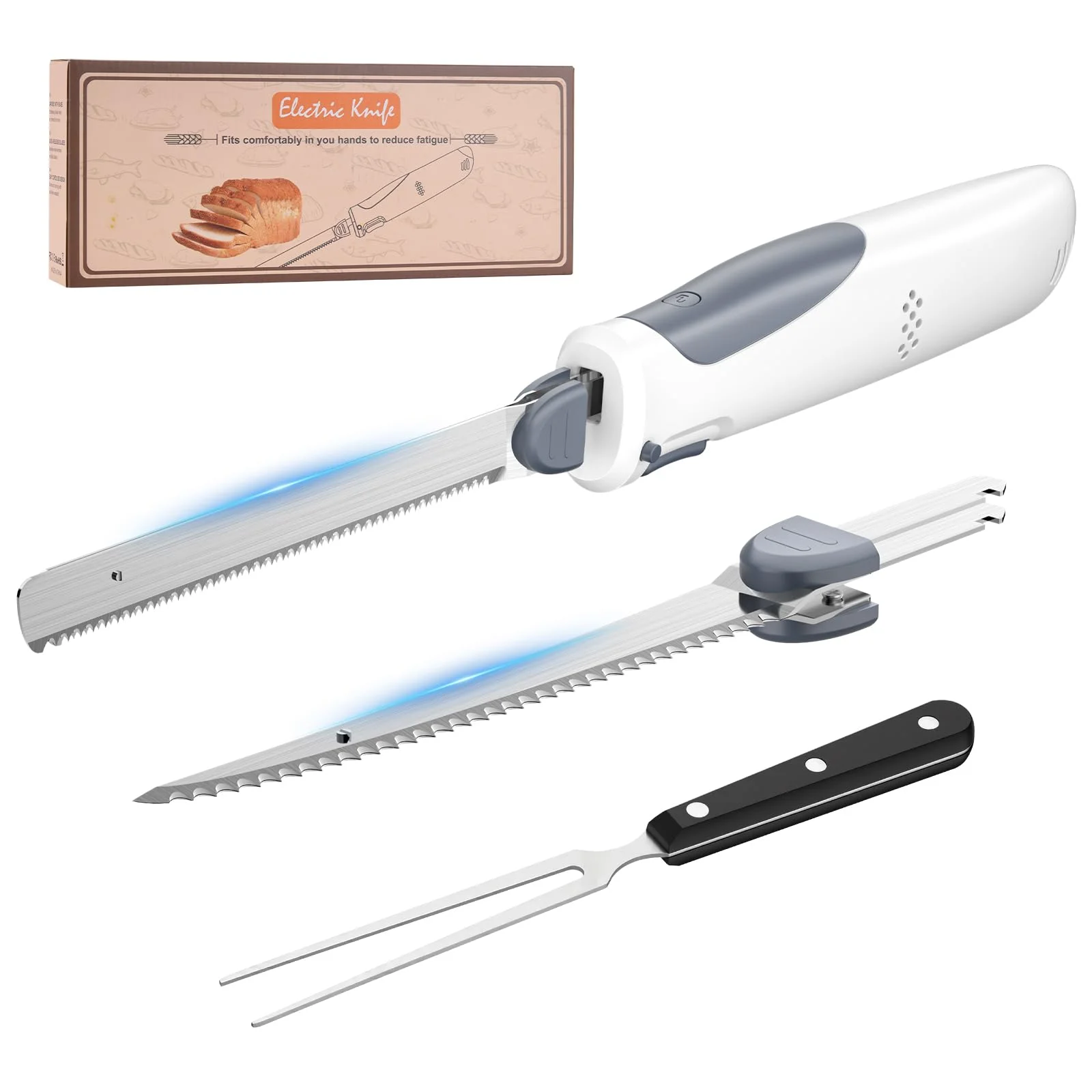PAHTTO Elektromesser, Kabelloses Küchenmesser mit 2 Edelstahlklingen und Gabel, 8 V Elektrisches Messer Filetiermesser mit Sicherheitsverriegelung, für Fleisch, Fisch, Brot, Obst, Gemüse und Käse