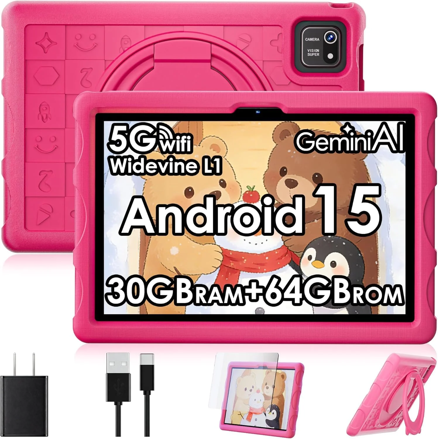 ZENTALITY Kinder Tablet 10 Zoll Android 15 mit 30GB RAM + 64GB ROM(2TB), 5G WLAN 6, Widevine L1, Elterliche Kontrolle, 8-Core, 8000 mAh, Kids Tablet mit Kinder Hülle Eva + 360° Drehbarer Ständer,