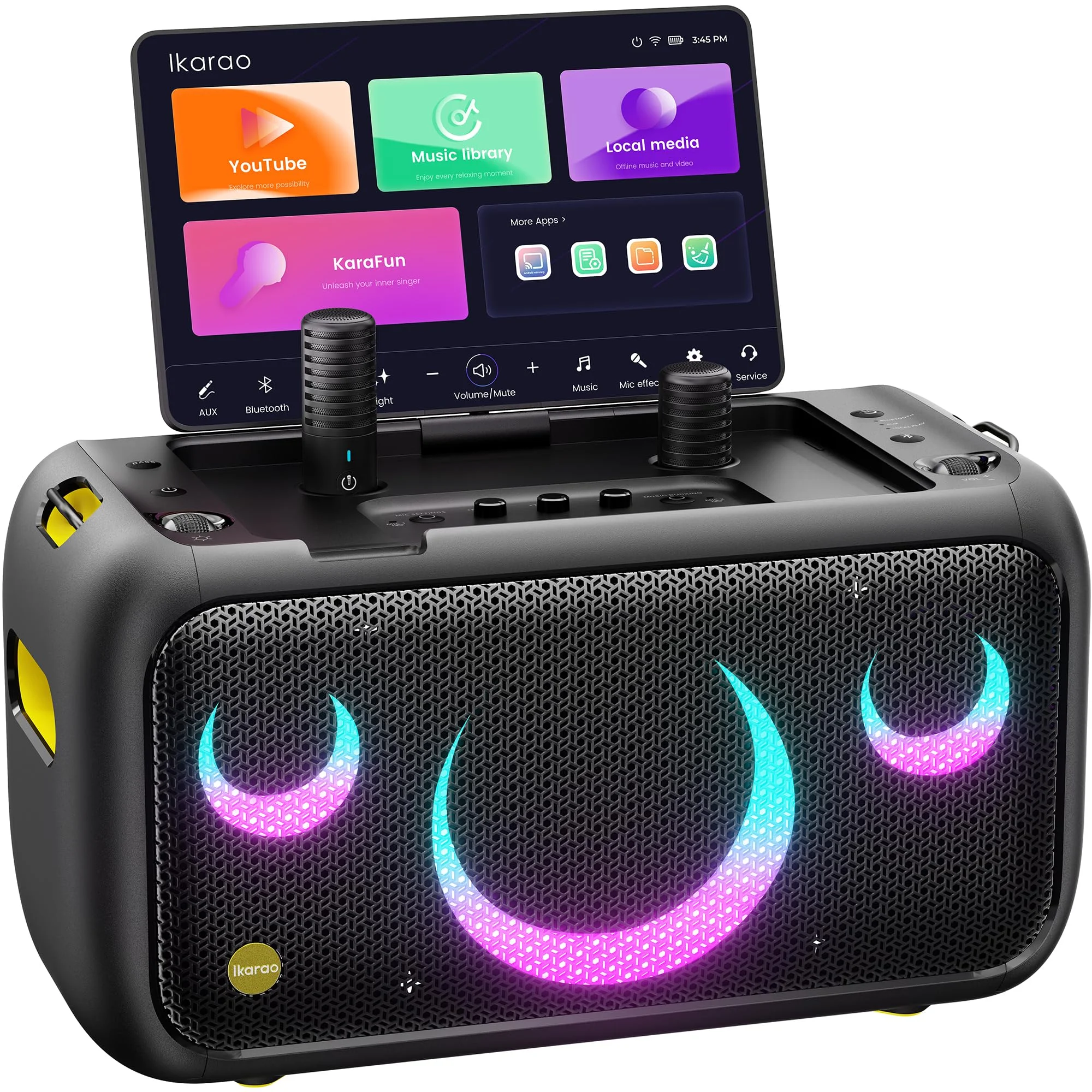 Ikarao Break X1 Karaoke Maschine mit Textanzeige 13.3 Zoll Bildschirm 2 kabellose Mikrofone versteckt und selbstladend 460W Profi PA System Bluetooth Partylautsprecher Karaokeanlage mit HDMI für TV